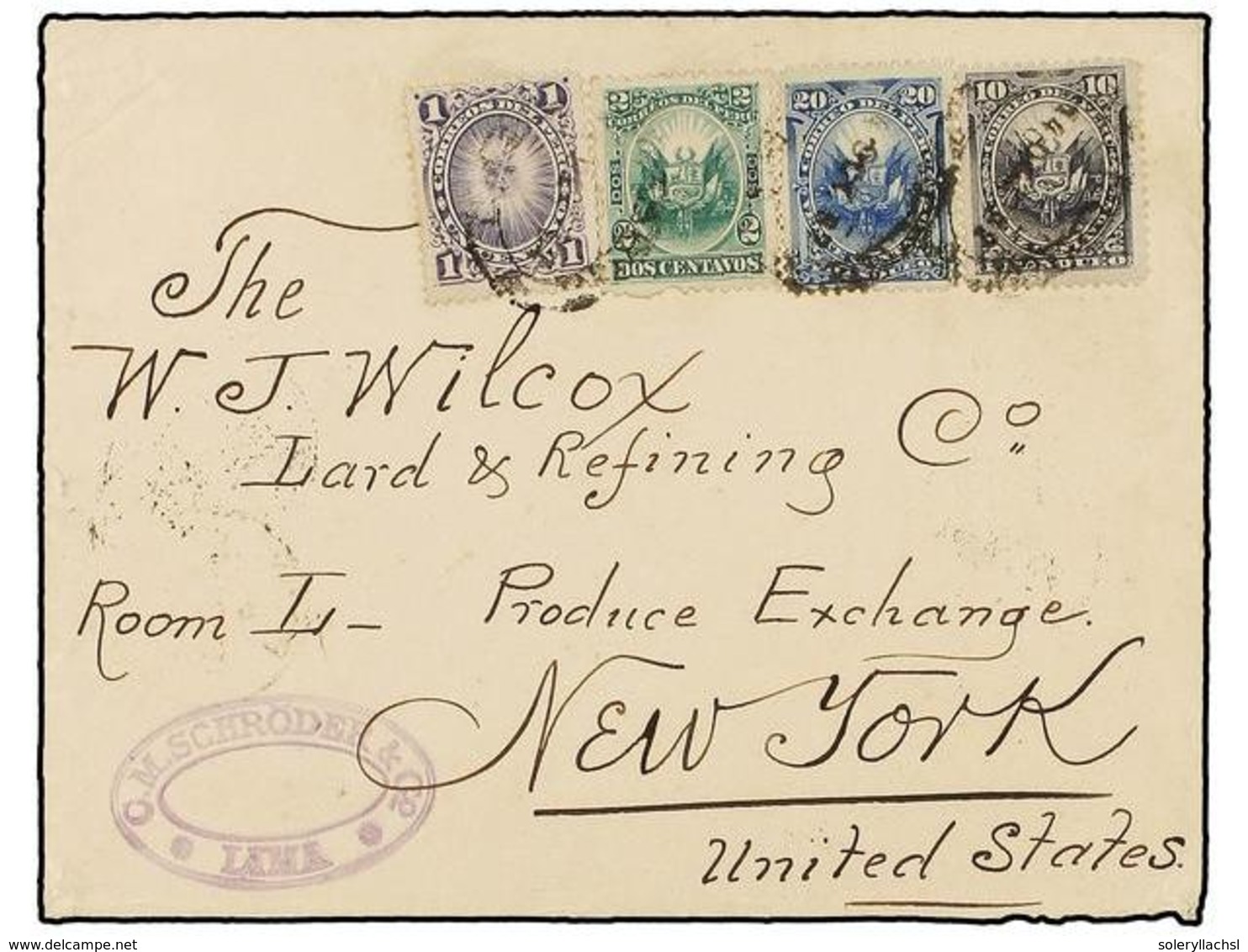 PERU. Sc.104, 106, 110, 112. 1892. LIMA A NEW YORK. 1 Ctvo., 2 Ctvos, 10 Ctvos. Y 20 Ctvos. Precioso Franqueo. Al Dorso  - Autres & Non Classés