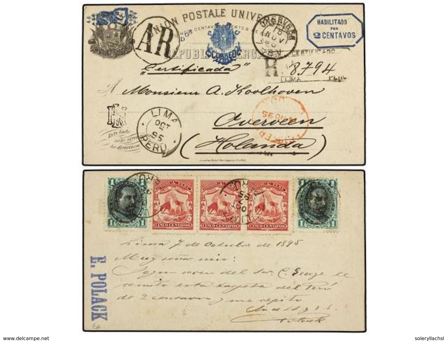 PERU. 1895. LIMA A HOLANDA. Entero Postal De 2 Ctvos. Con Franqueo Adicional Al Dorso De 1 Ctvo. (2) Y 5 Ctvos. (3) Circ - Autres & Non Classés