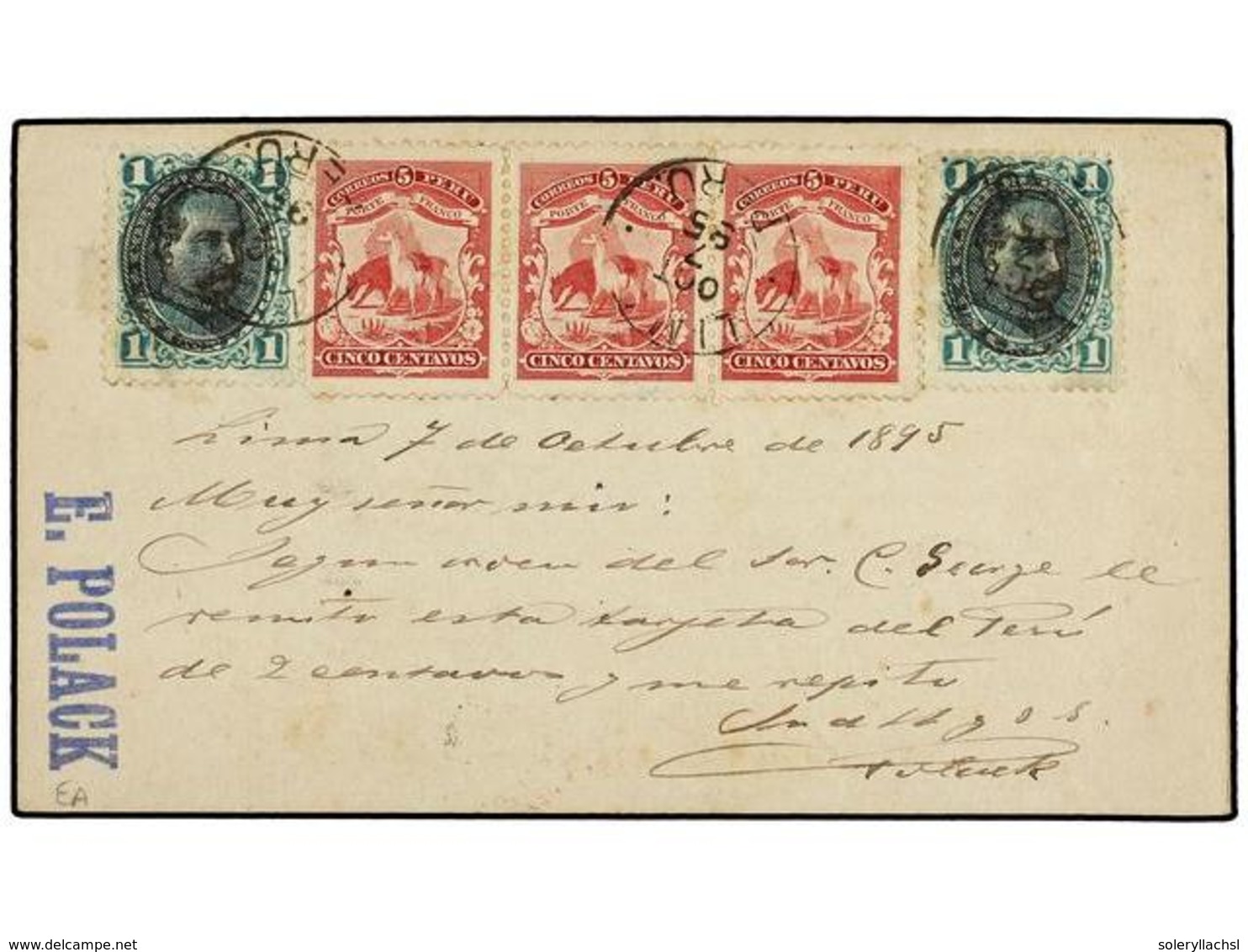 PERU. 1895. LIMA A HOLANDA. Entero Postal De 2 Ctvos. Con Franqueo Adicional Al Dorso De 1 Ctvo. (2) Y 5 Ctvos. (3) Circ - Sonstige & Ohne Zuordnung