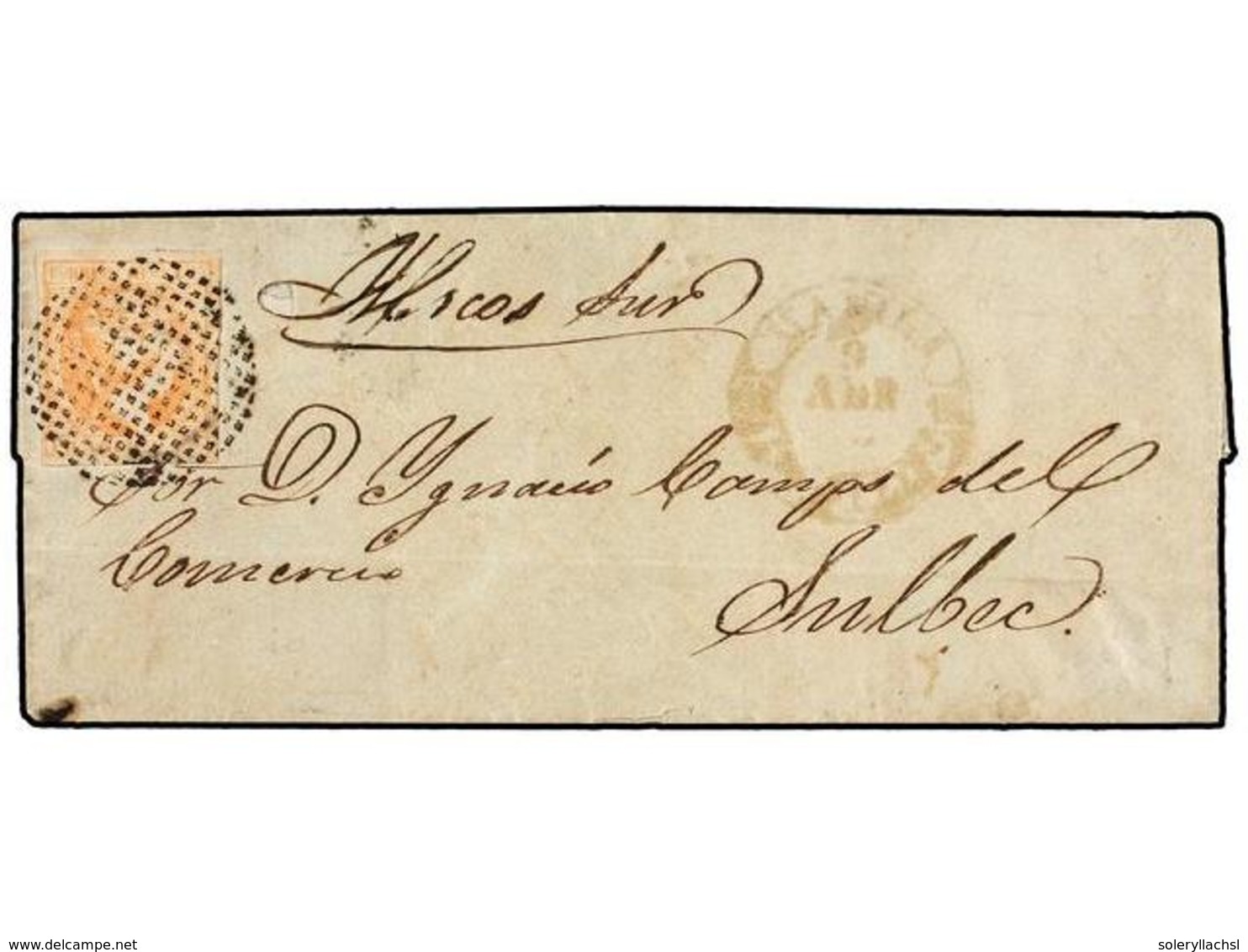 FILIPINAS. Ed.1. 1858. MANILA To SULBEC. Folded Letter Franked With Very Well Margined 5 Cuartos Orange Tied With Circul - Sonstige & Ohne Zuordnung