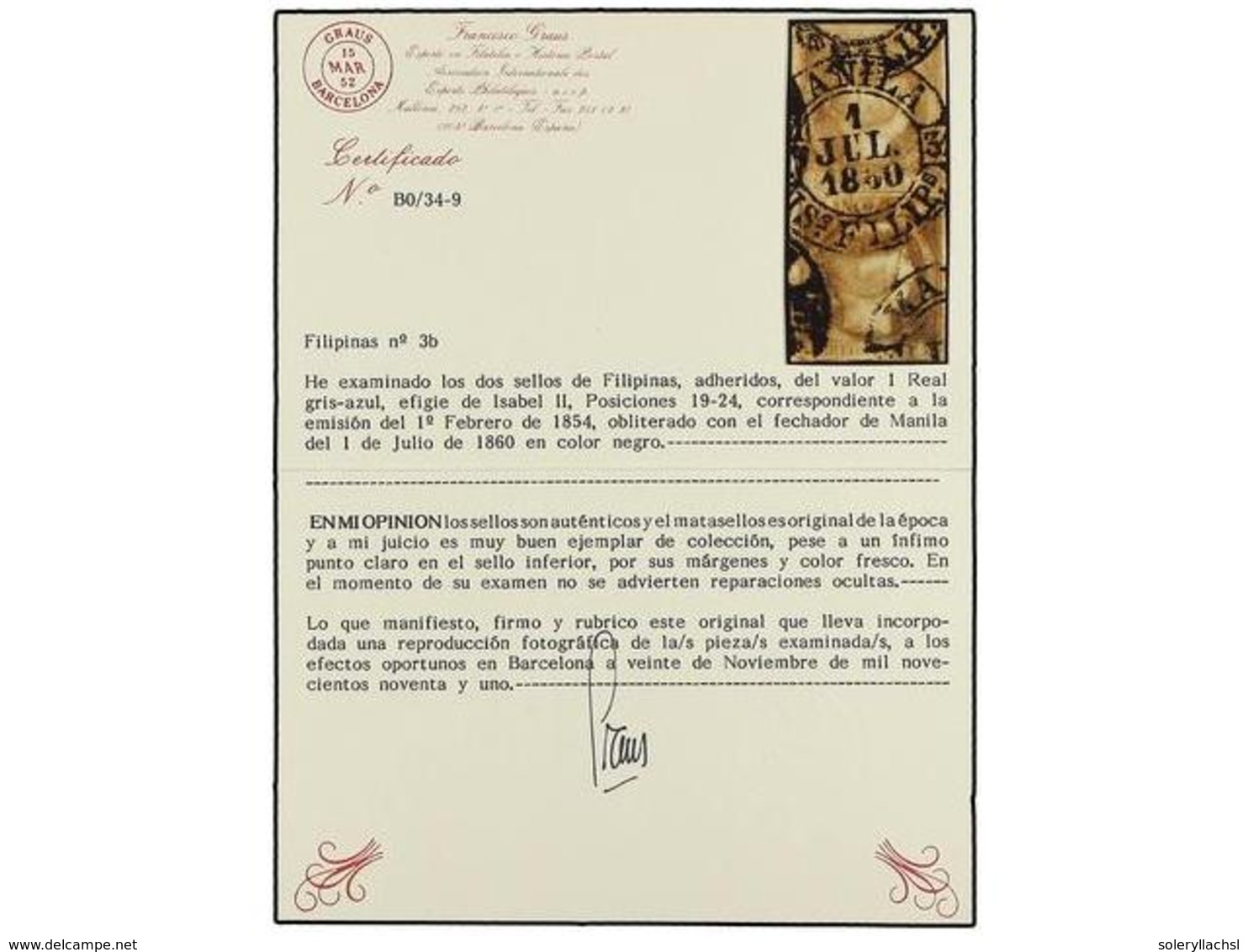 ° COLONIAS ESPAÑOLAS: FILIPINAS. Ed.3b (2). 1 Real Gris, Mat. Fechador MANILA/1-JUL-1860/IS. FILIPS. Pareja Vertical, ín - Otros & Sin Clasificación