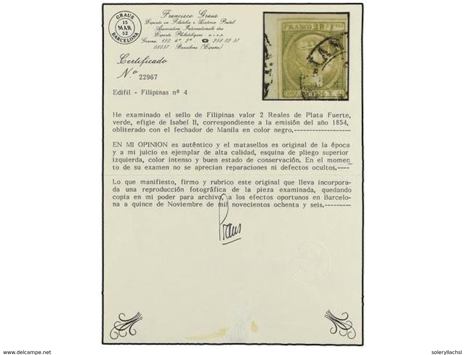 ° COLONIAS ESPAÑOLAS: FILIPINAS. Ed.4. 2 Reales Verde Amarillo, Mat. Fechador De MANILA/IS. FILIPINAS. Esquina De Pliego - Autres & Non Classés