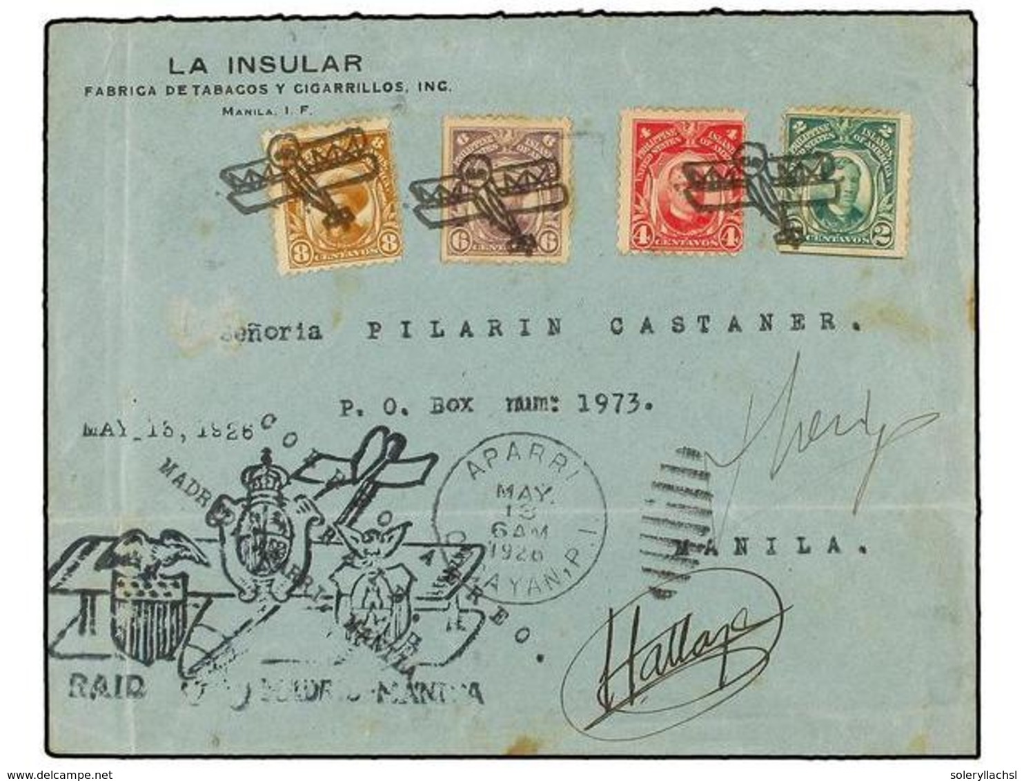 FILIPINAS. 1926 (May 13). APARRI To MANILA. FIRST FLIGHT. RAID MADRID-MANILA. Envelope Franked With Philippines 2, 4, 6, - Sonstige & Ohne Zuordnung