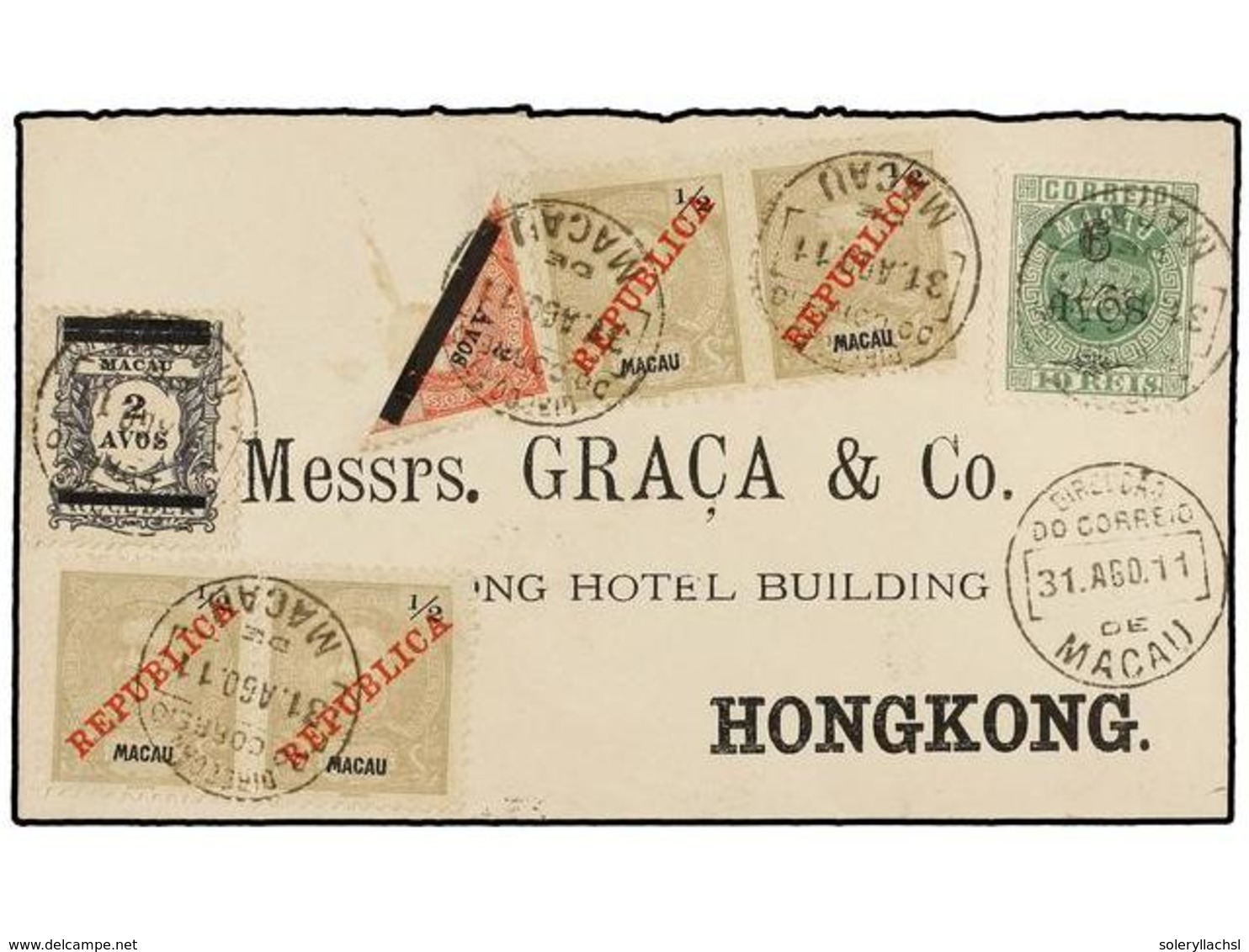 MACAO. 1911. MACAO A HONG KONG. Precioso Franqueo Combinado Con Sello De "Coronas" De 6 Avos. S. 10 Avos. Al Dorso Llega - Other & Unclassified