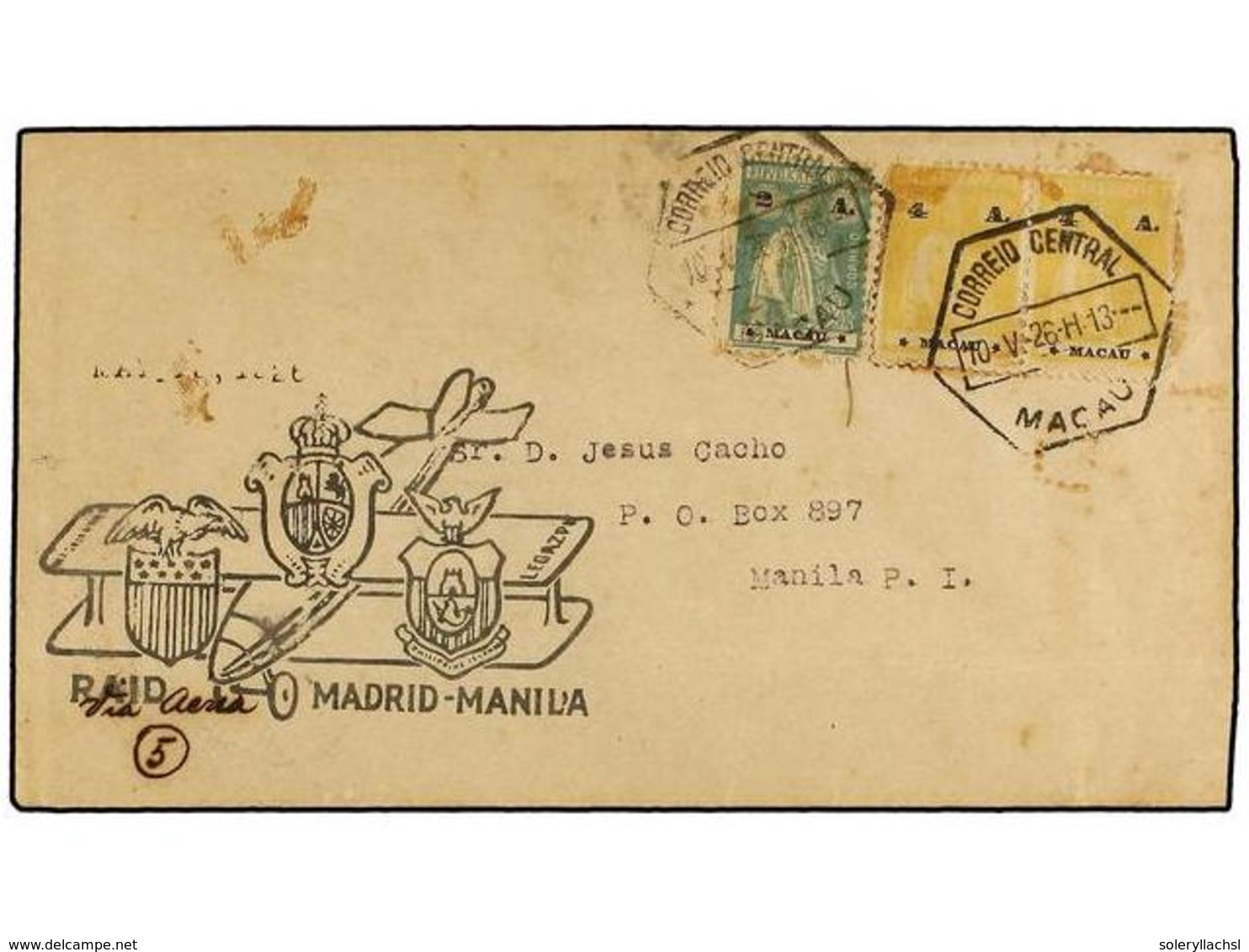 MACAO. 1926. MACAO To MANILA. FIRST FLIGHT MADRID A MANILA Stage MACAO-MANILA Envelope Franked With 2 A. And 4 A. (2) Ma - Other & Unclassified