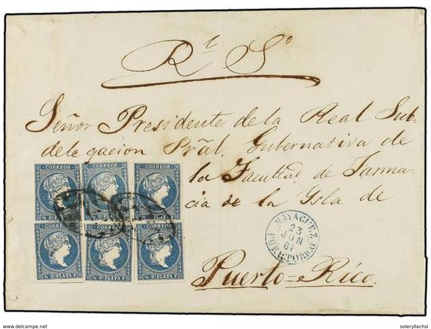 PUERTO RICO. Ant.7 (6). 1861. MAYAGUEZ A S. JUAN. 1/2 Real Azul De Antillas (6) Mat. PARRILLA COLONIAL. Precioso Y Raro  - Other & Unclassified
