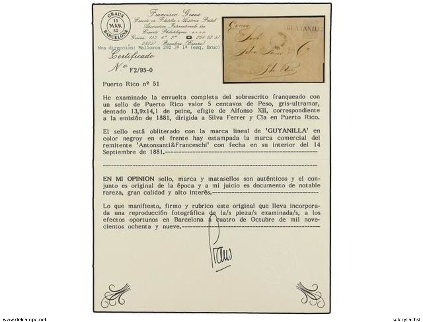 PUERTO RICO. Ed.51. 1861. GUAYANILLA A SAN JUAN. 5 Cts. Gris, Mat. Prefilatélico GUAYANILLA. MAGNÍFICO Y RARO. Cert. GRA - Otros & Sin Clasificación