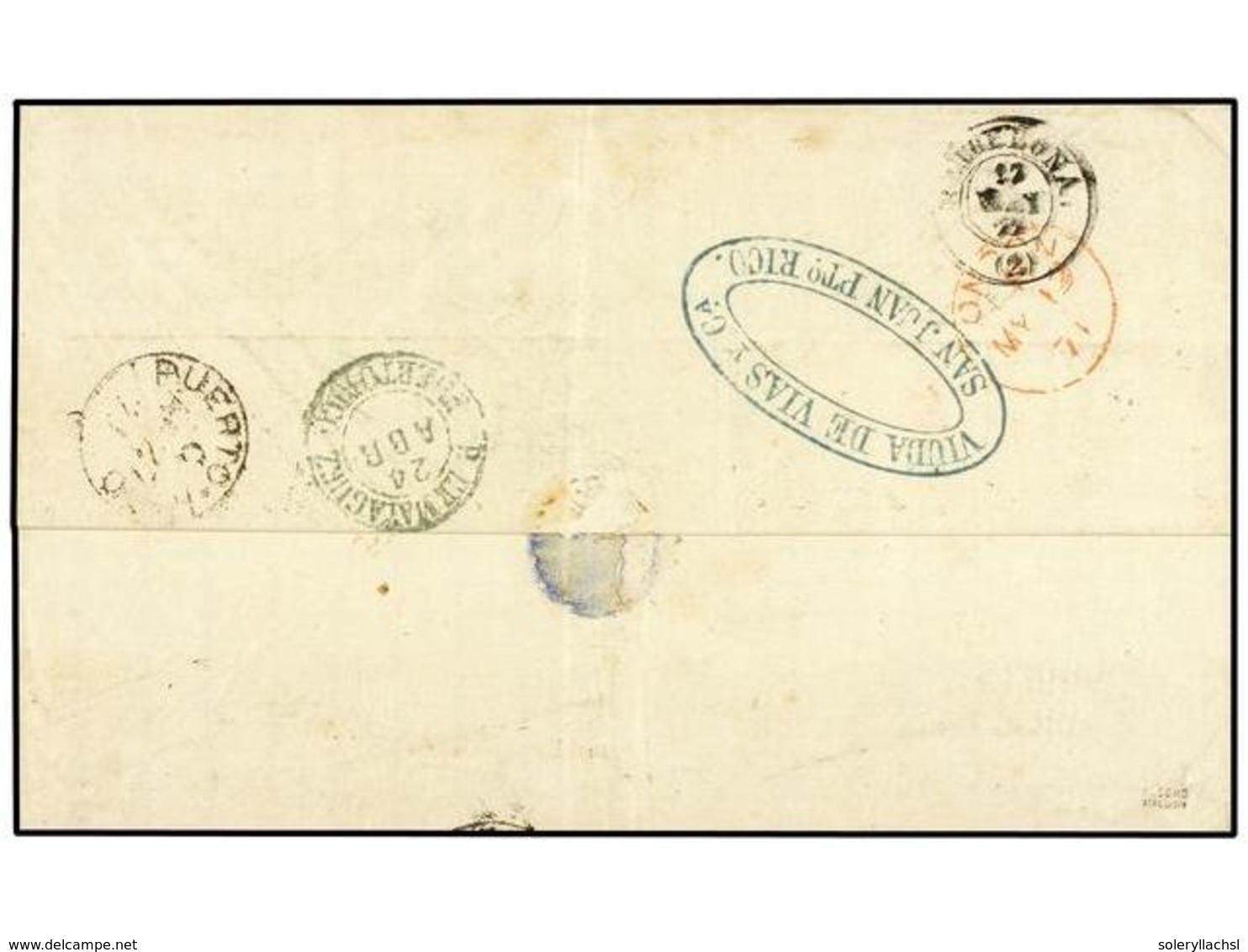 COLONIAS ESPAÑOLAS: PUERTO RICO. Ant.23,24. 1871. MAYAGUEZ A BARCELONA (España). 50 Cts.verde Y 1 Pta. Castaño, Mat. PAR - Autres & Non Classés