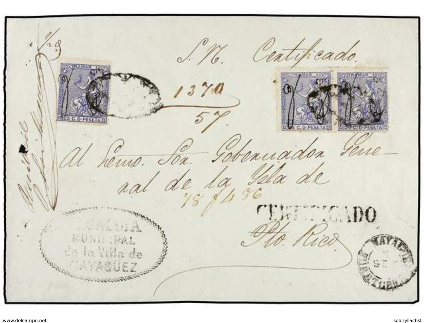 PUERTO RICO. Ed.4 (3). 1874. MAYAGUEZ A SAN JUAN. Frente De Carta Del R.S. Con Sellos De 25 Cts. Azul (3), Mat. PARRILLA - Autres & Non Classés