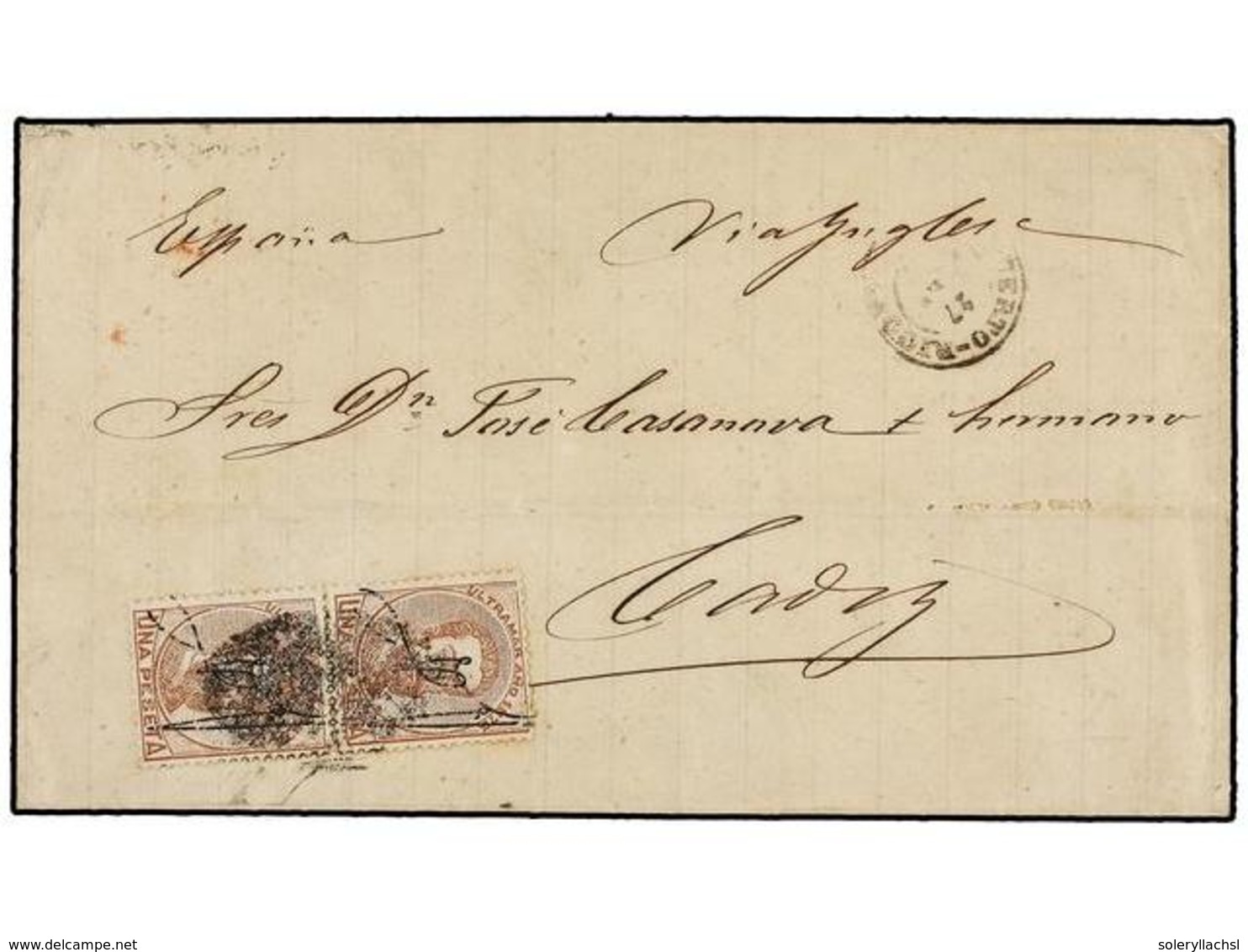 PUERTO RICO. Ed.3 (2). 1875. SAN JUAN A CÁDIZ. 1 Pta. Castaño, Pareja, Mat. PARRILLA COLONIAL. Circulada Vía Inglaterra. - Other & Unclassified