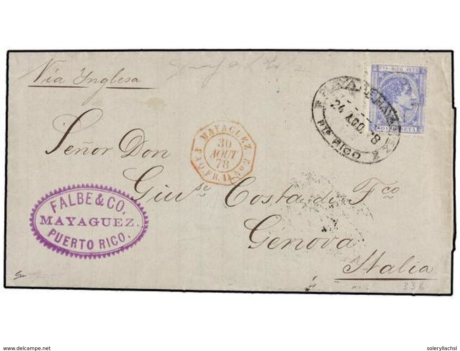 PUERTO RICO. 1878. SAN JUAN A GÉNOVA (Italia). 50 Cts. Azul. Mat. Ovalado MAYAGUEZ/PTO. RICO Y Marca Octogonal Marítima  - Autres & Non Classés