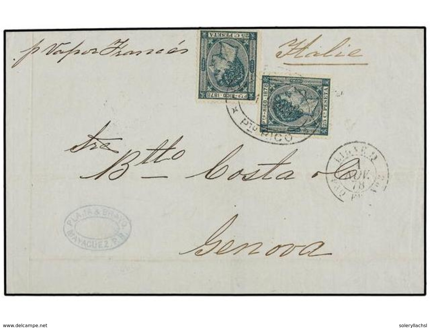 PUERTO RICO. Ed.20 (2). 1878. MAYAGUEZ A GÉNOVA. 25 Cts. Verde (2), Mat. Ovalado MAYAGUEZ/PTO. RICO Y Fechador Marítimo  - Sonstige & Ohne Zuordnung