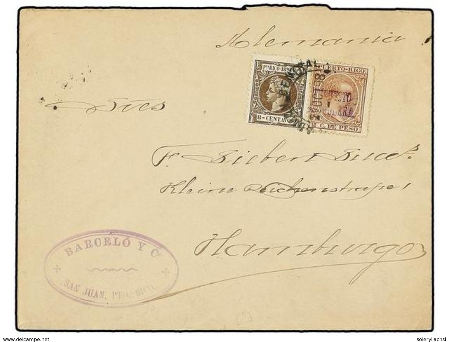 PUERTO RICO. Ed.141 + IG 2. 1898. SAN JUAN A HAMBURGO. 8 Ctvos. Castaño Y Sello De IMPUESTO DE GUERRA De 2 Ctvos. Carmín - Autres & Non Classés