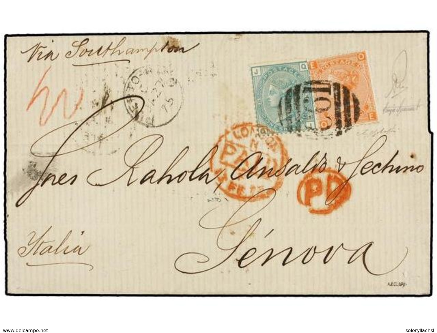 PUERTO RICO. 1875. S. JUAN A GÉNOVA. Circulada Con Sellos Británicos De 4 D. Naranja (pl. 14) Y 1 Sh. Verde (pl. 10) Mat - Otros & Sin Clasificación