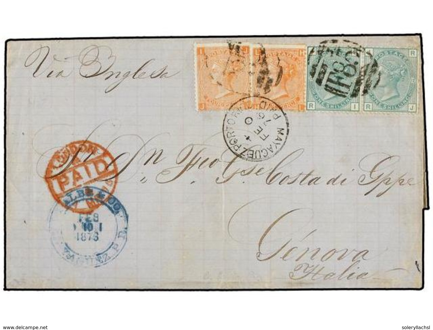 PUERTO RICO. 1876. MAYAGUEZ A GÉNOVA. Circulada Con Sellos Británicos De 4 D. Naranja (pl. 14) (2) Y 1 Sh. Verde (pl. 12 - Otros & Sin Clasificación