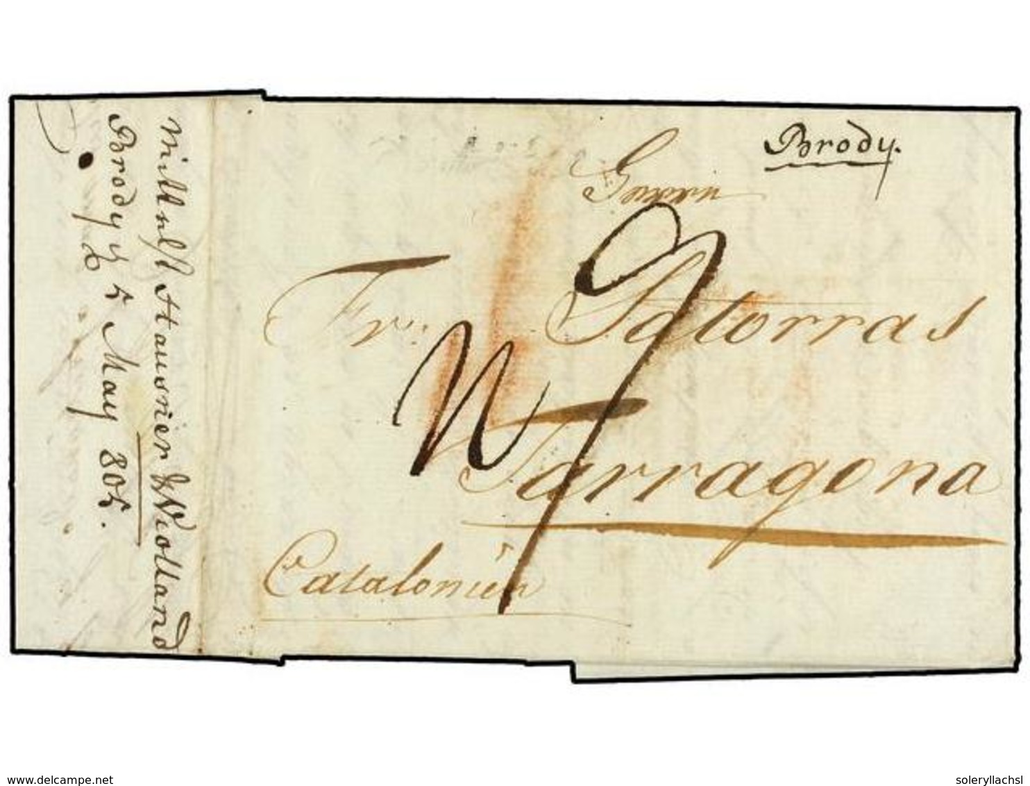 RUSIA. 1805 (20 April). TULCHYN (Ucrania) To TARRAGONA (Spain). Entire Letter, Forwarded Via BRODY (Austria). Rated "7 R - Otros & Sin Clasificación