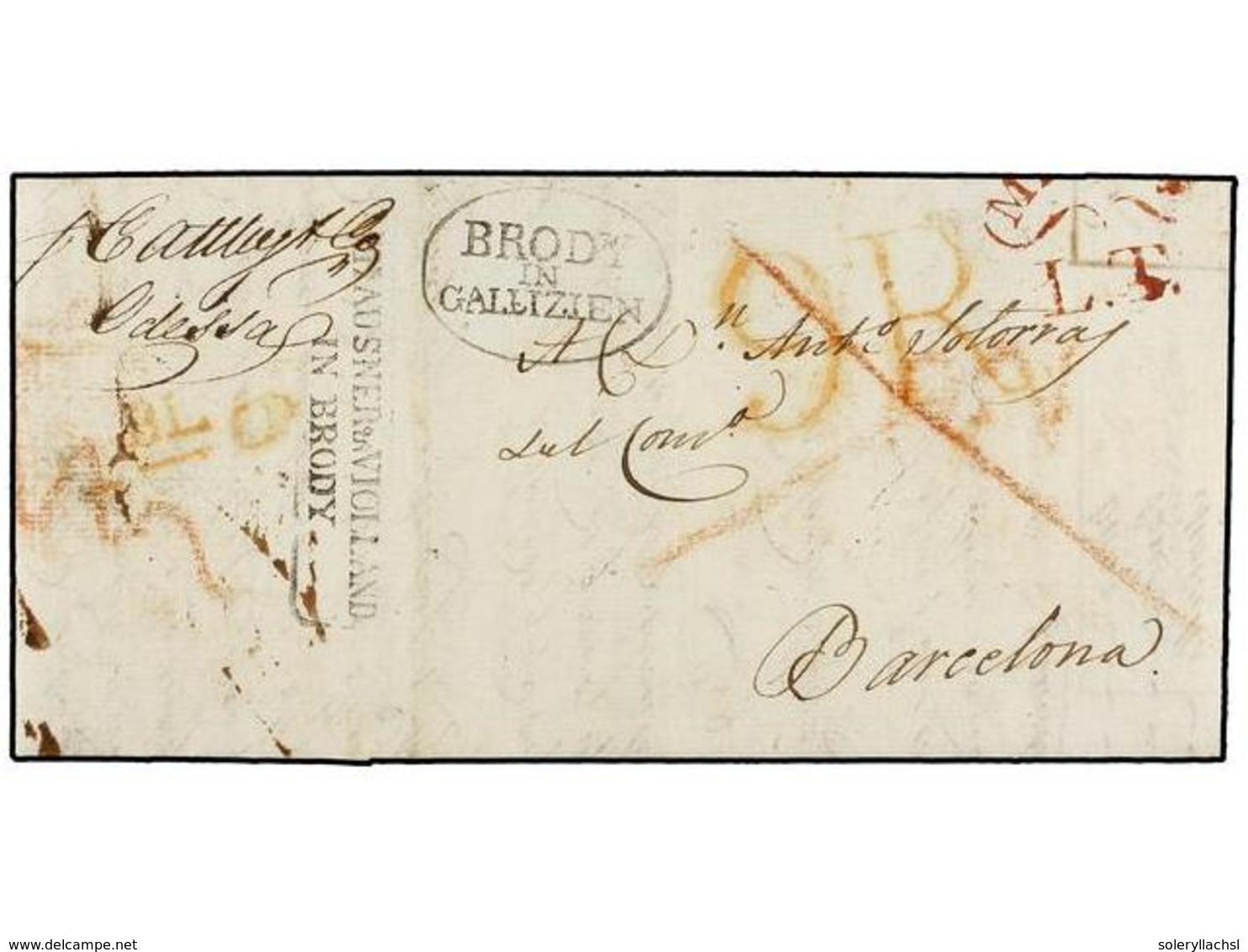 RUSIA. 1819 (23 Febrero). ODESSA To BARCELONA (Spain). Entire Letter, Forwarded Via BRODY (Austria). Rated "9 Reales" On - Other & Unclassified