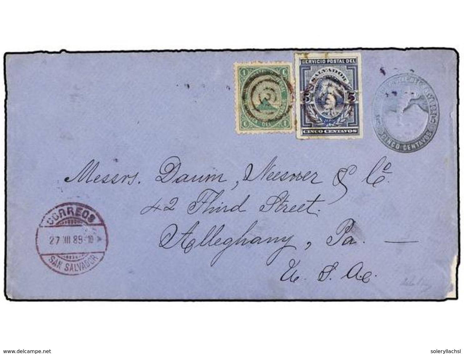 SALVADOR. Sc.13, 20. 1889. SAN SALVADOR A U.S.A. Entero Postal De 5 Ctvos. Azul Con Franqueo Adicional De 1 Ctvo. Verde  - Sonstige & Ohne Zuordnung