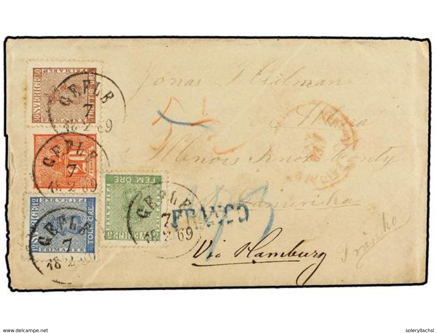 SUECIA. Fa.7, 9, 11, 16. 1869. GEFLE To U.S.A. Envelope With Full Contents Franked With 5 Ore Green, 12 Ore Blue (minor  - Autres & Non Classés