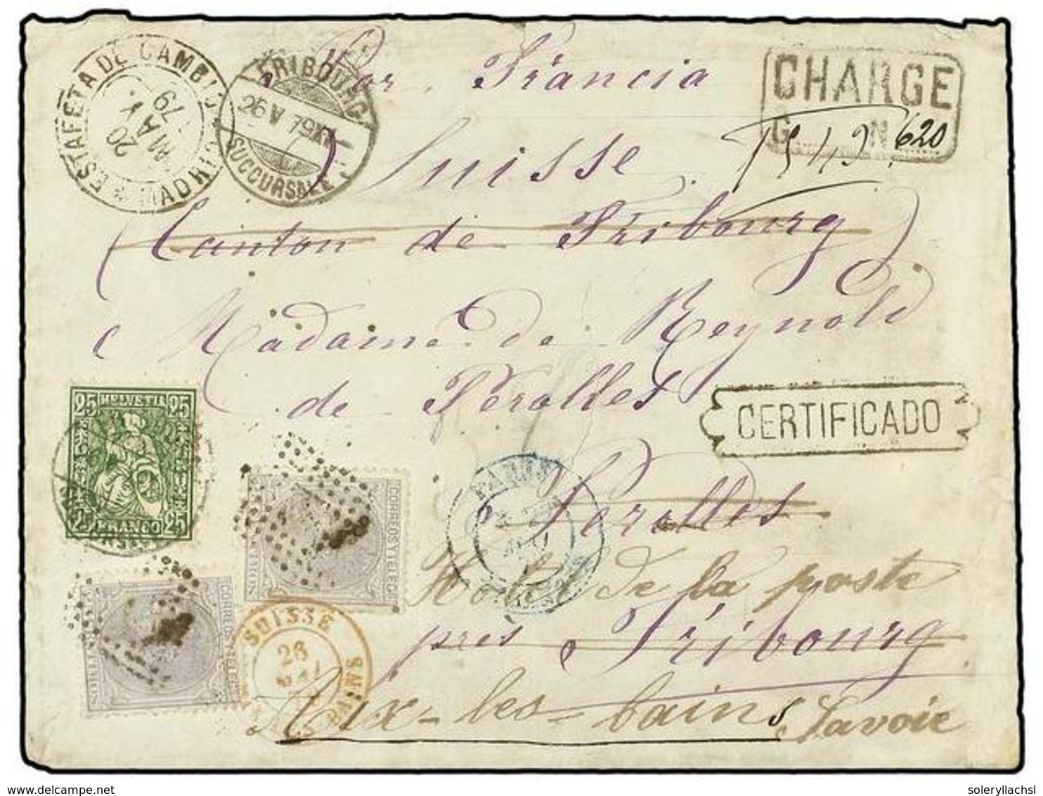 ESPAÑA. Ed.204 (2). 1879. MADRID A FRIBOURG (Suiza). Carta Certificada Circulada Con Dos Sellos De 25 Cts. Gris Reexpedi - Autres & Non Classés