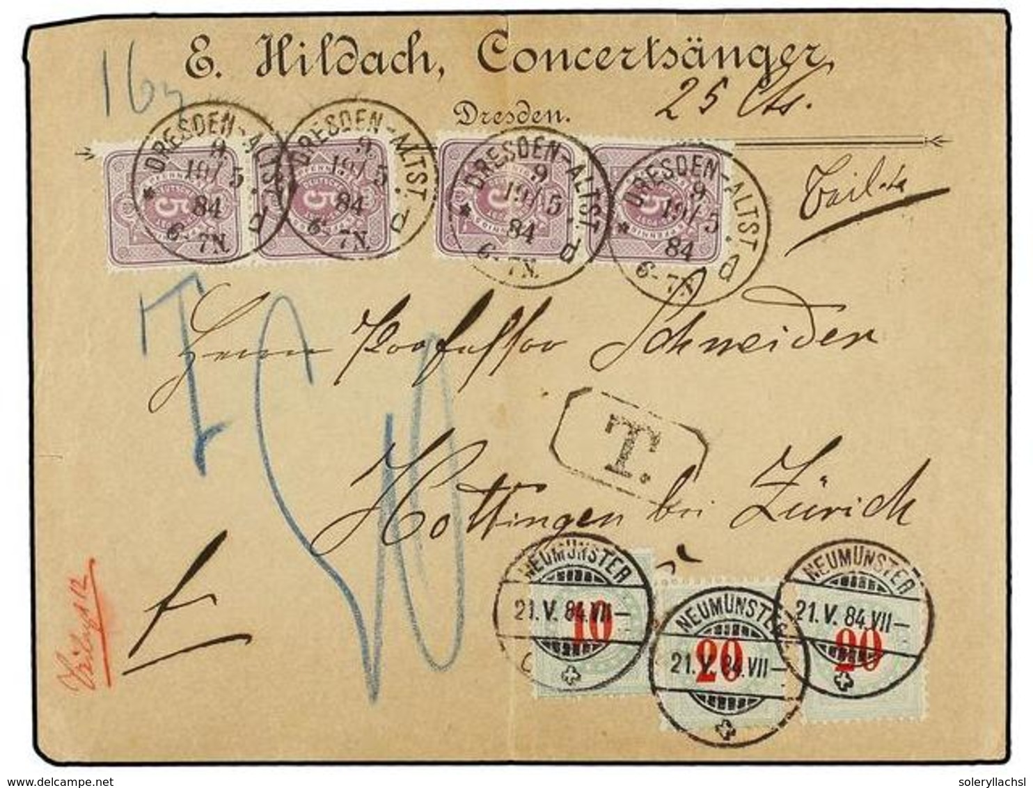 SUIZA. 1884. DRESDEN To ZURICH. 5 Pf. Lilac (4) Taxed On Arrival With Swiss 10+20+20 Blue Green Stamps (Zu. 18AK + 19AK  - Otros & Sin Clasificación