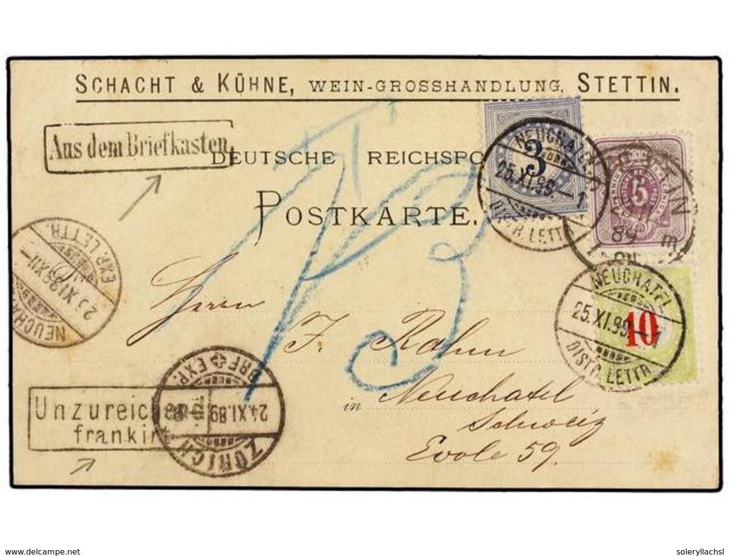 SUIZA. 1889. STETTIN A NEUCHATEL. Card Franked With 5 Pf. Lilac Stamp, Taxed On Arrival With Swiss 3 Cts. Blue And 10 Ct - Otros & Sin Clasificación