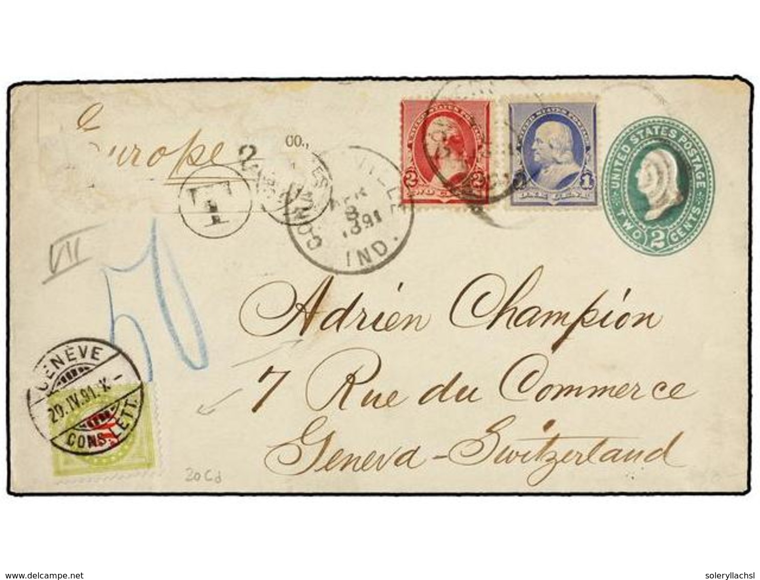 SUIZA. 1891. USA To GENEVA. 2 Cts. Green Postal Stationary Envelope Uprated With 1 Cto. Blue And 2 Cts. Red Stamps, Taxe - Autres & Non Classés