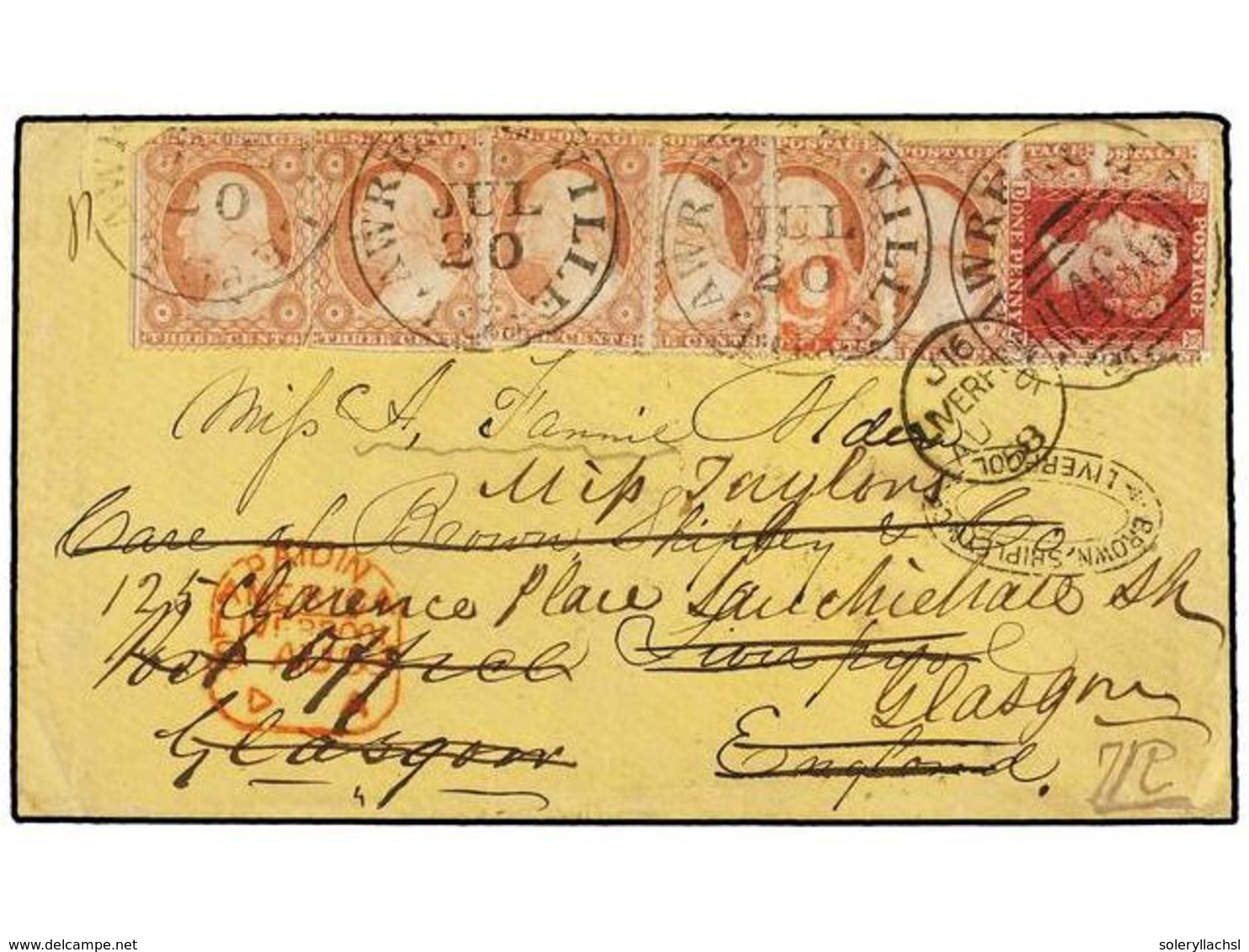 ESTADOS UNIDOS. Sc.26 (8). 1858. LAWRENCEVILLE To LIVERPOOL. 3 Cents. Red (Ty. III) (8) Tied By Circular LAWRENCEVILLE/G - Sonstige & Ohne Zuordnung