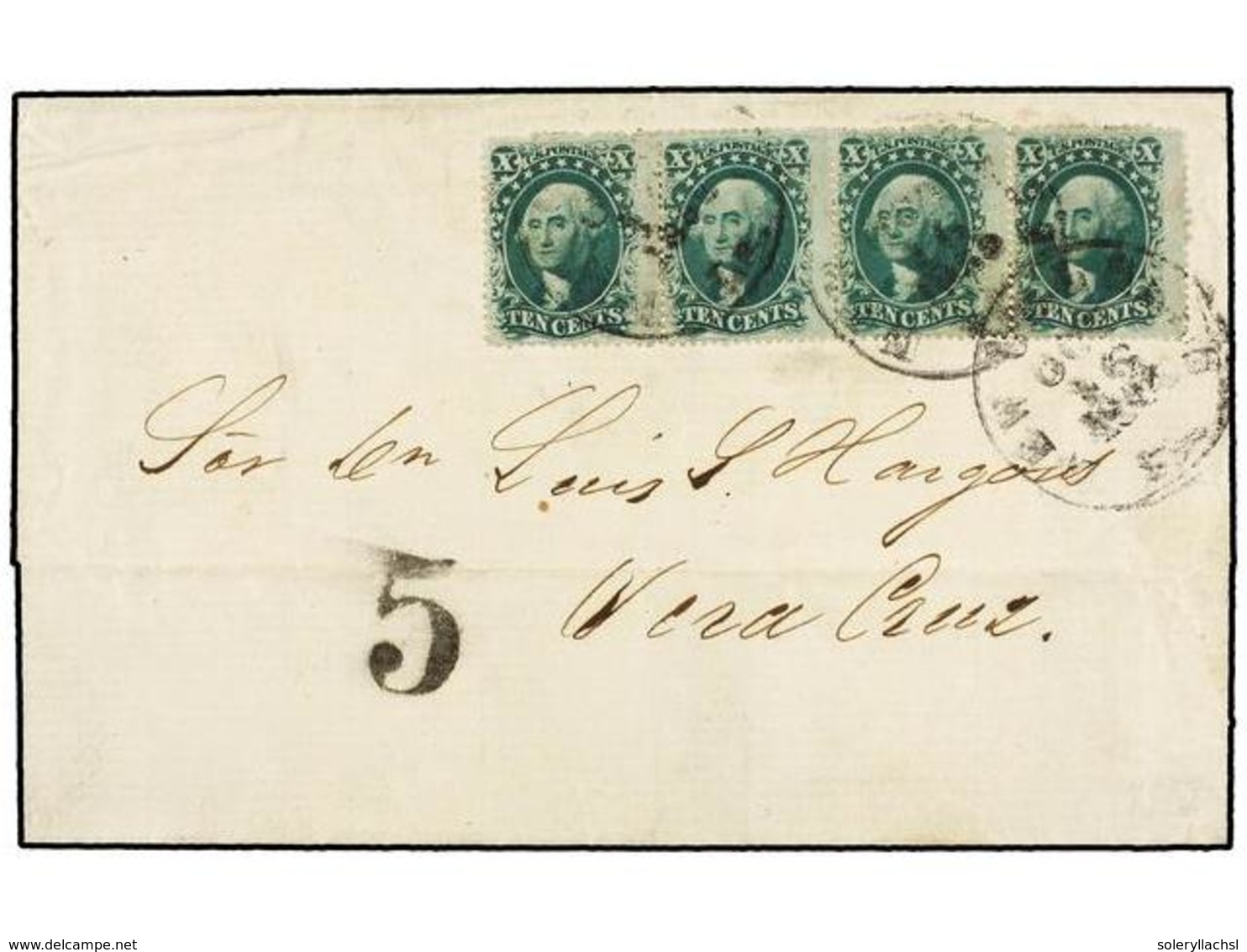 ESTADOS UNIDOS. Sc.35 (4). 1859. NEW ORLEANS To VERACRUZ. 10 Cts. Green (Ty. V). Strip Of Four Tied By NEW ORLEANS Cds,  - Otros & Sin Clasificación