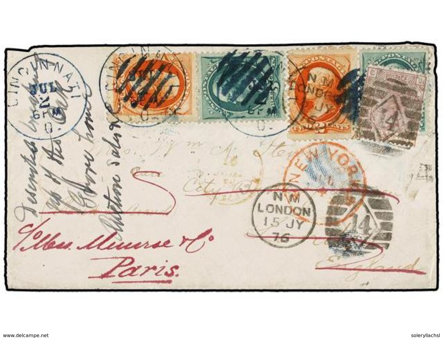 ESTADOS UNIDOS. 1876. CINCINNATI To GREAT BRITAIN. 2 Cts. Orange (2) And 3 Cts. Green (2) Stamps Tied By Grill Cancel. R - Autres & Non Classés