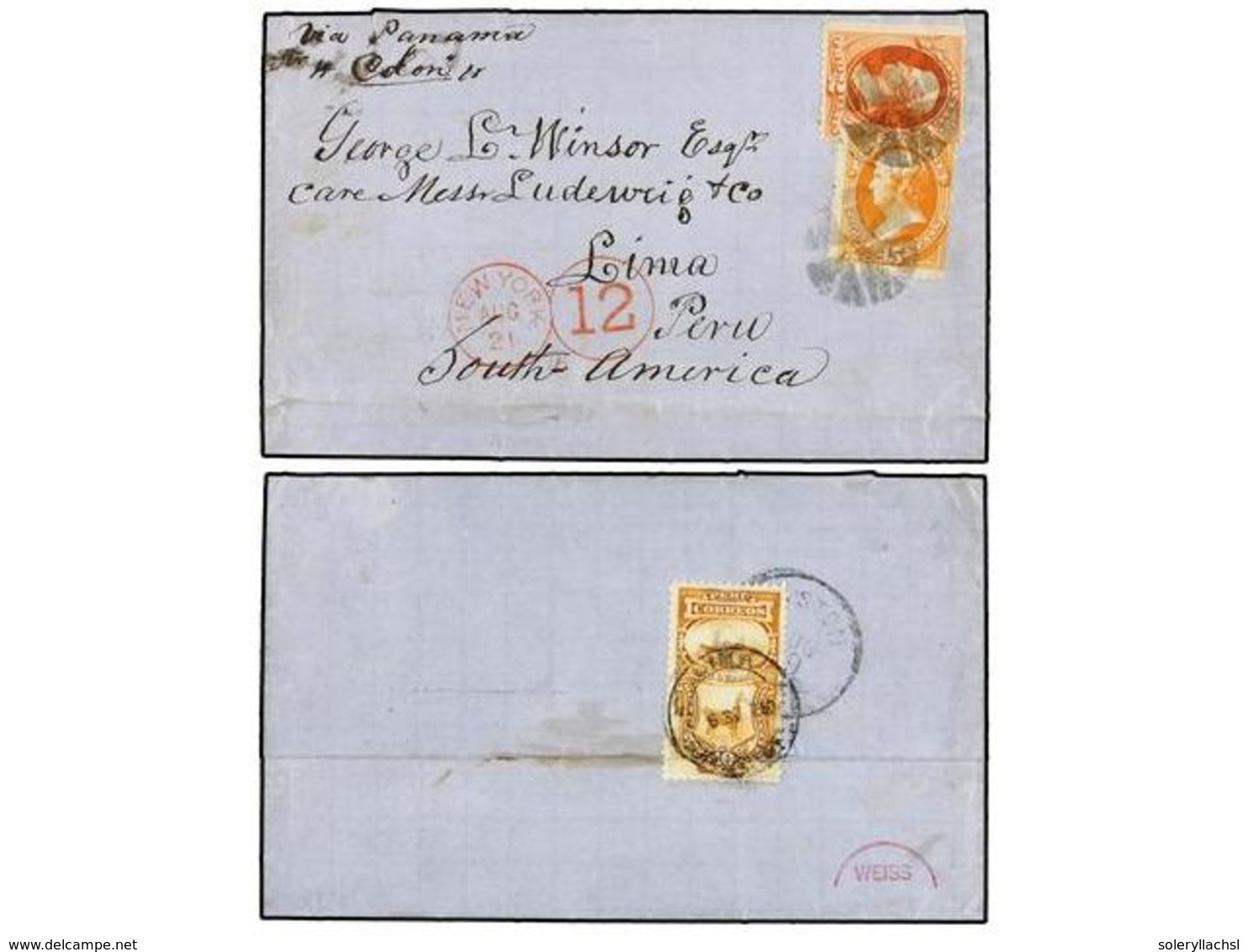 ESTADOS UNIDOS. Sc.163, 178. 1878. BOSTON To LIMA. 15 Cts. Yellow And 2 Cts. Vermilion With NEW YORK/12 Credit Handstamp - Sonstige & Ohne Zuordnung