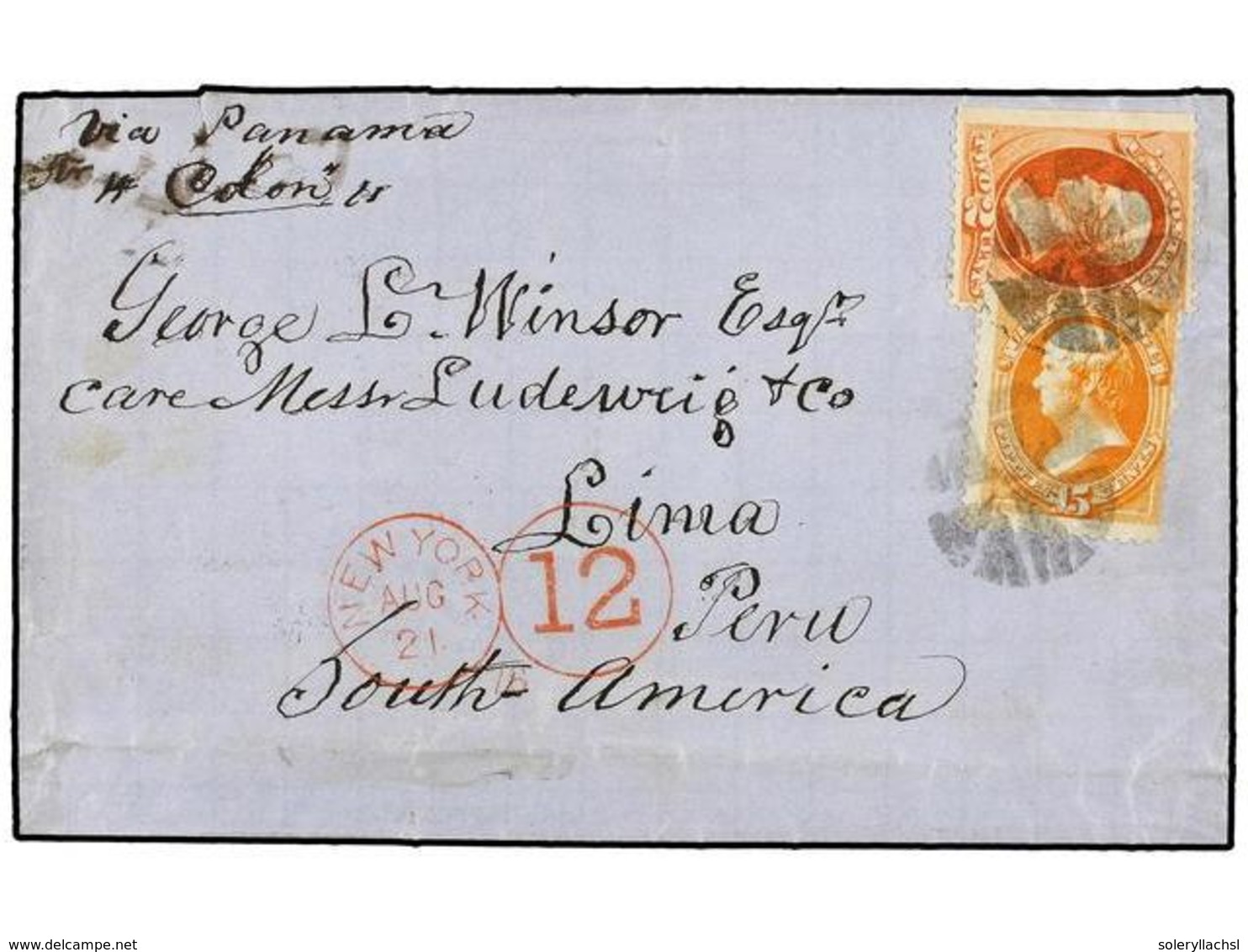 ESTADOS UNIDOS. Sc.163, 178. 1878. BOSTON To LIMA. 15 Cts. Yellow And 2 Cts. Vermilion With NEW YORK/12 Credit Handstamp - Autres & Non Classés