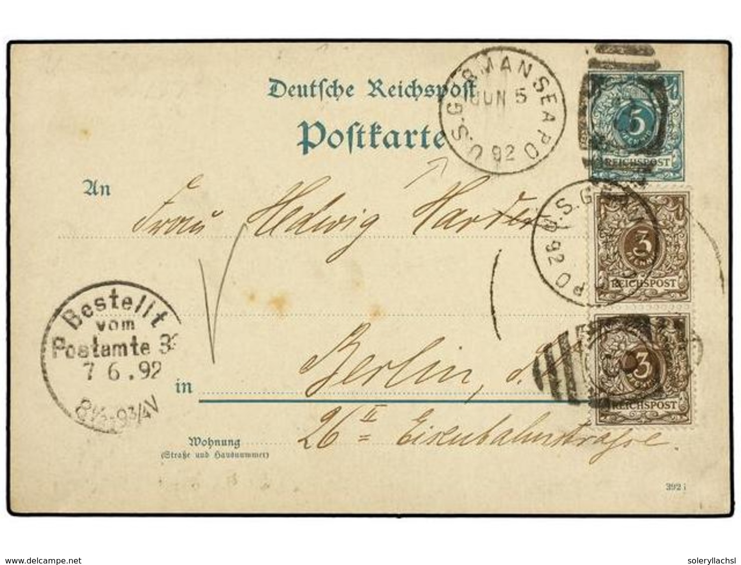 ESTADOS UNIDOS. 1892. NEW YORK To BERLIN. German Reply Card Of 5 Pf. Green Uprated With Two 3 P. Brown German Stamps Can - Otros & Sin Clasificación