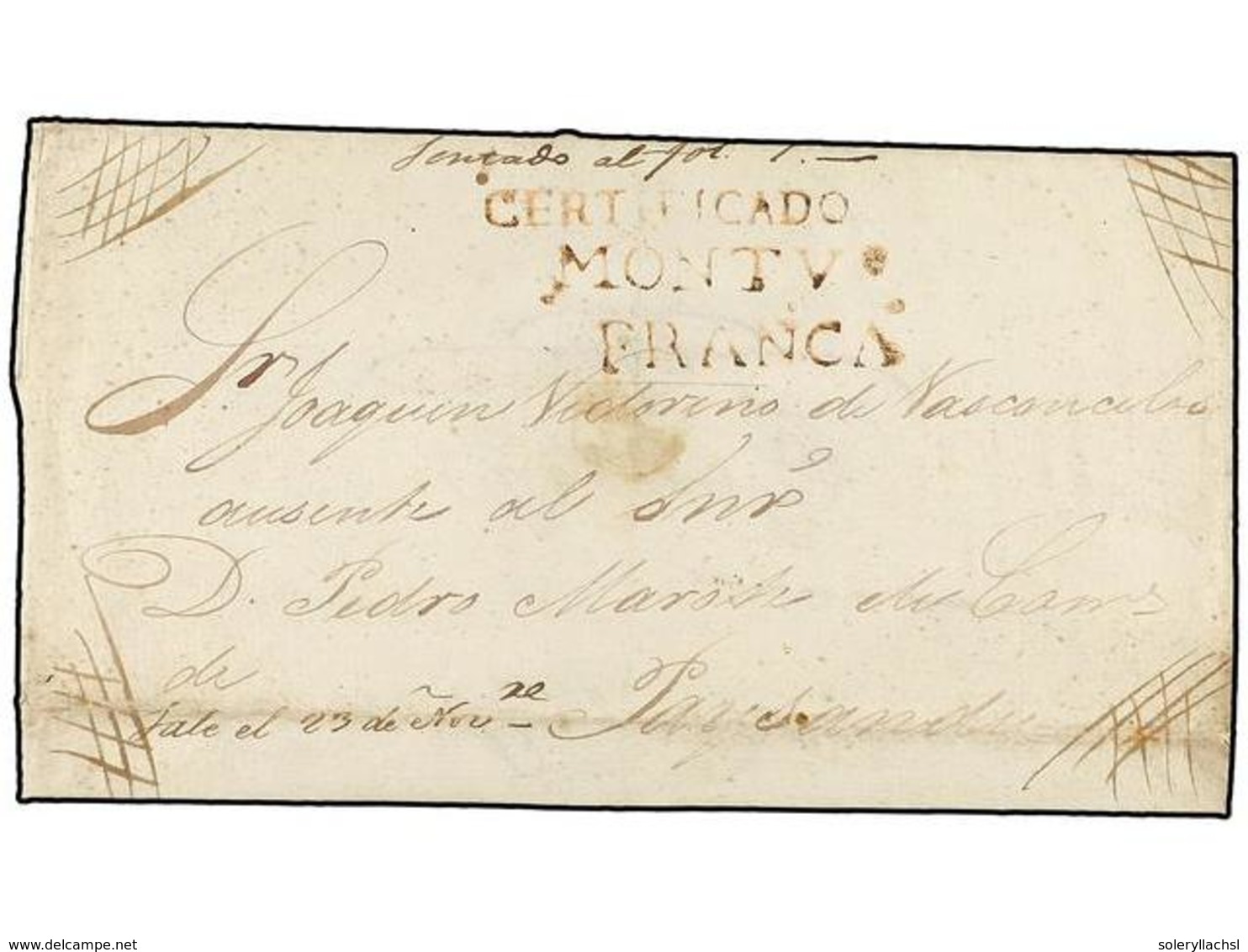 URUGUAY. (1820 CA.). MONTEVIDEO A PAYSANDU. Envuelta De Carta Certificada, Marcas CERTIFICADO/MONTVº/FRANCA Y Manuscrito - Otros & Sin Clasificación