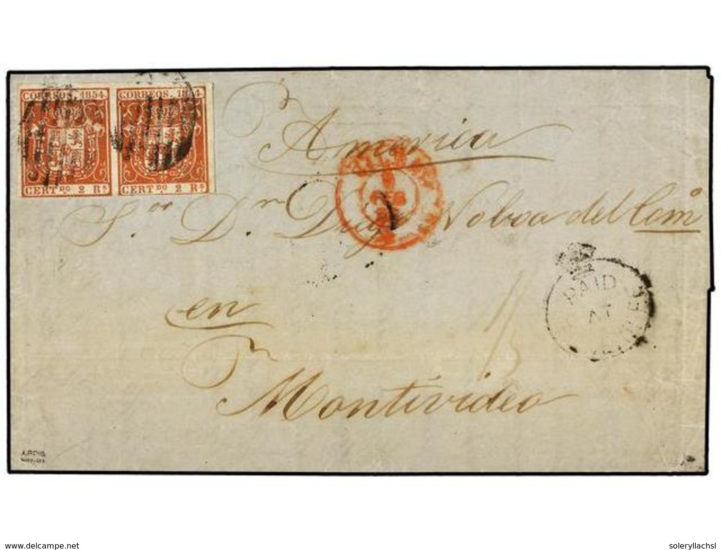 ESPAÑA. 1855. BILBAO A MONTEVIDEO (Uruguay). 2 Reales Rojo (2) Y Marca PAID/AT/TENERIFE Y Tarifa Manuscrita"1sh". Circul - Otros & Sin Clasificación