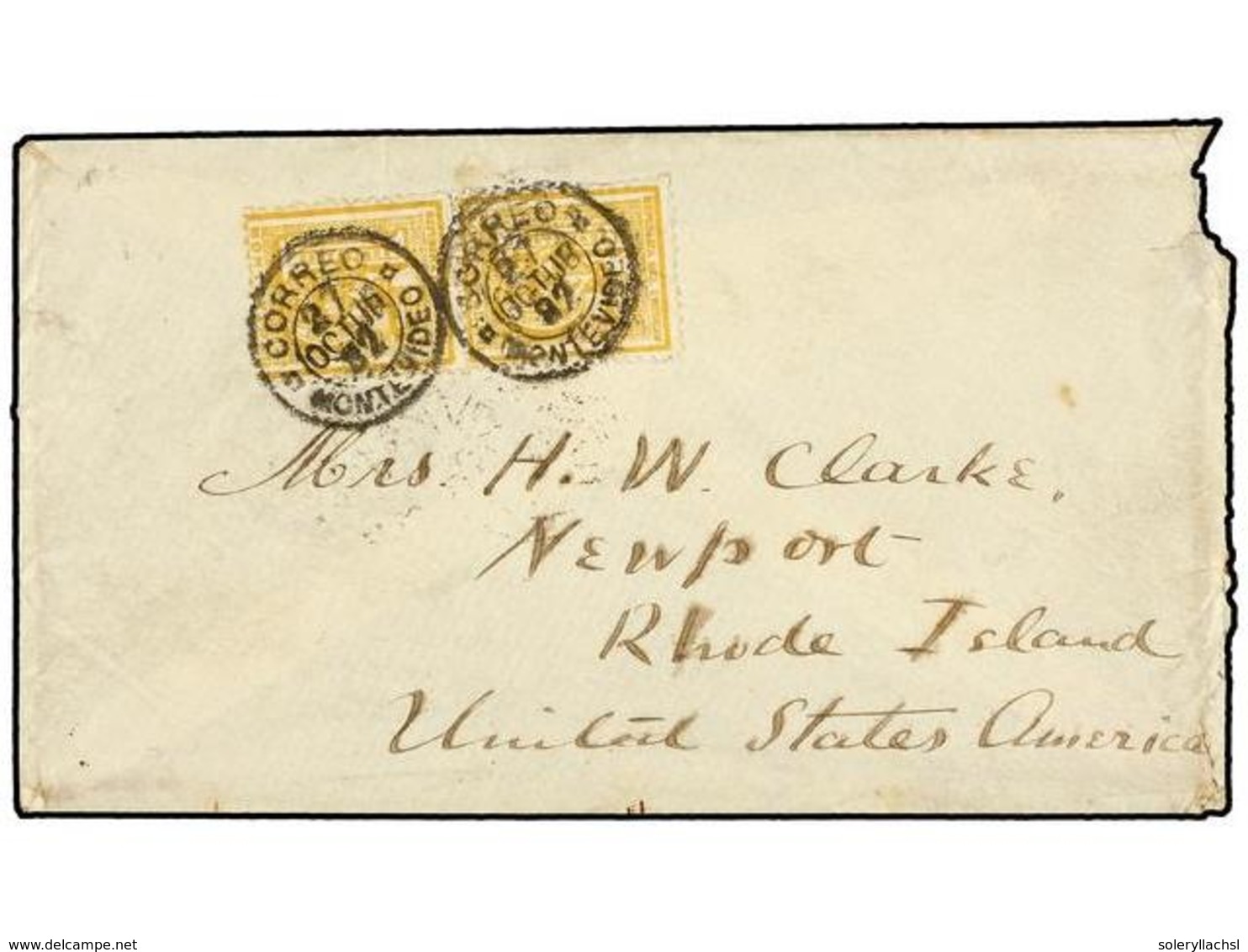 URUGUAY. 1867. MONTEVIDEO A U.S.A. 15 Ctvos. Amarillo (2). Mat. CORREO MONTEVIDEO. Sobre Con Defectos A La Derecha Por M - Other & Unclassified