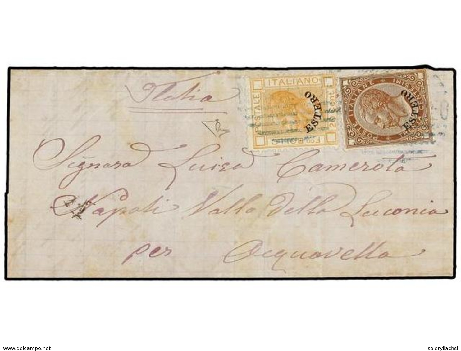 URUGUAY. 1879. MONTEVIDEO A ACQUAVELLA (Nápoles, Italia). Circulada Con Sellos Italianos De 20 Cents. Naranja Y 30 Cts.  - Sonstige & Ohne Zuordnung