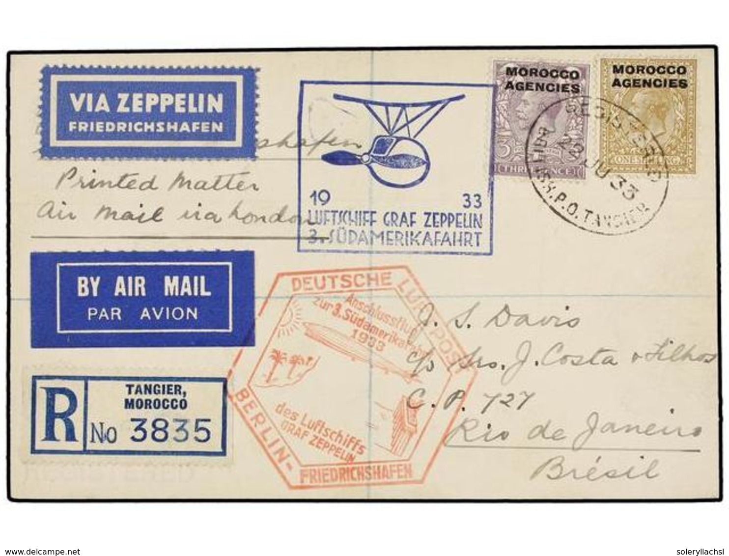 ZEPPELIN. 1933. MOROCCO. TANGIER To RIO DE JANEIRO. Envelope Franked With 3 D. Lilac And 1 Sh. Stamp, Sent By GRAF ZEPPE - Sonstige & Ohne Zuordnung