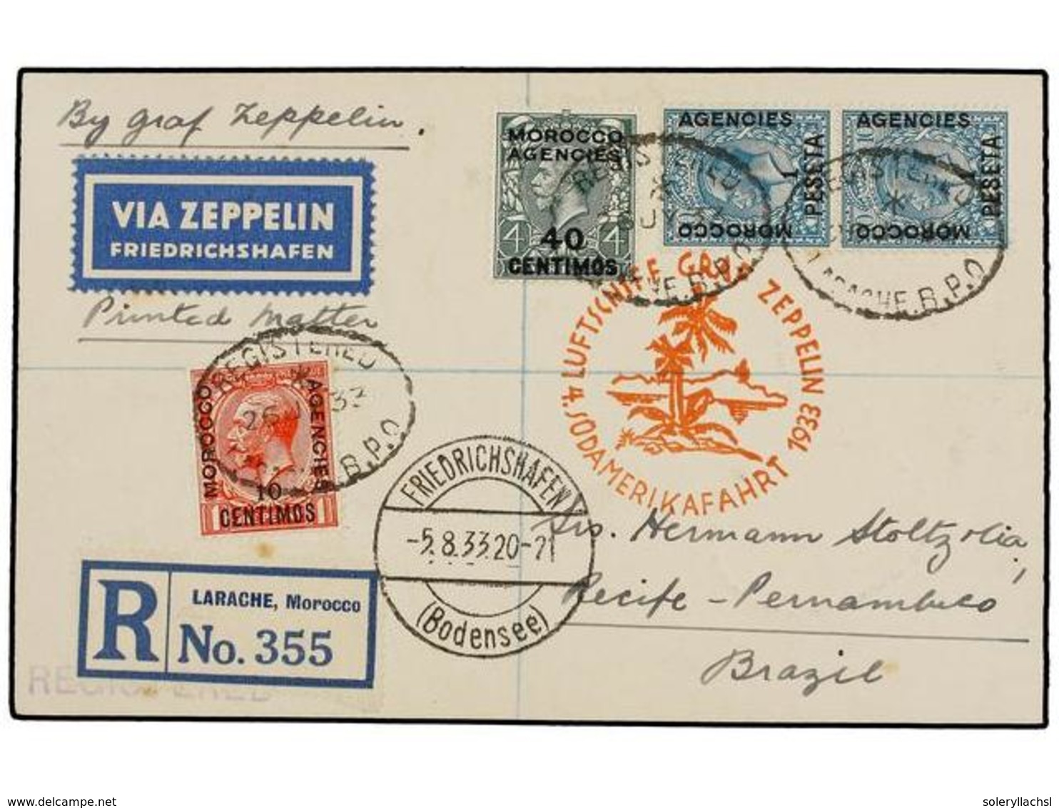 ZEPPELIN. 1933. MOROCCO. LARACHE To RECIFE (Brazil). Envelope Franked With 10 Cts., 40 Cts. And 1 Pta. (2) Stamps, Sent  - Otros & Sin Clasificación