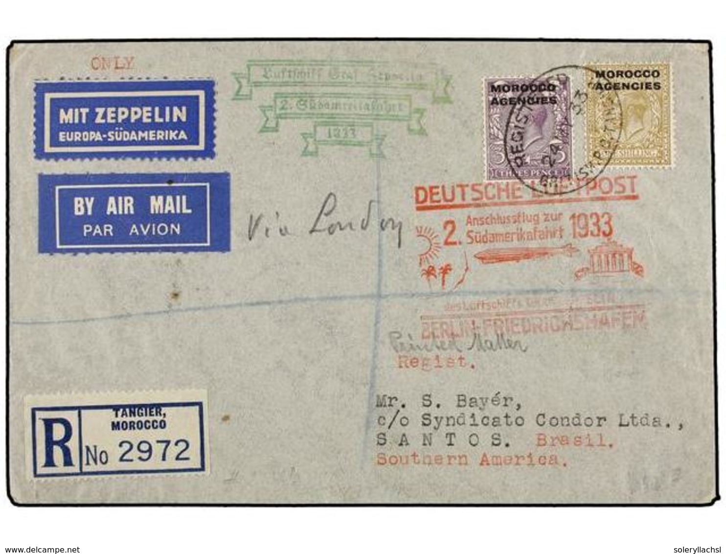 ZEPPELIN. 1933. MOROCCO. TANGIER To SANTOS (Brazil). Envelope Franked With 3 D. And 1 Sh. Stamps, Sent By GRAF ZEPPELIN  - Otros & Sin Clasificación