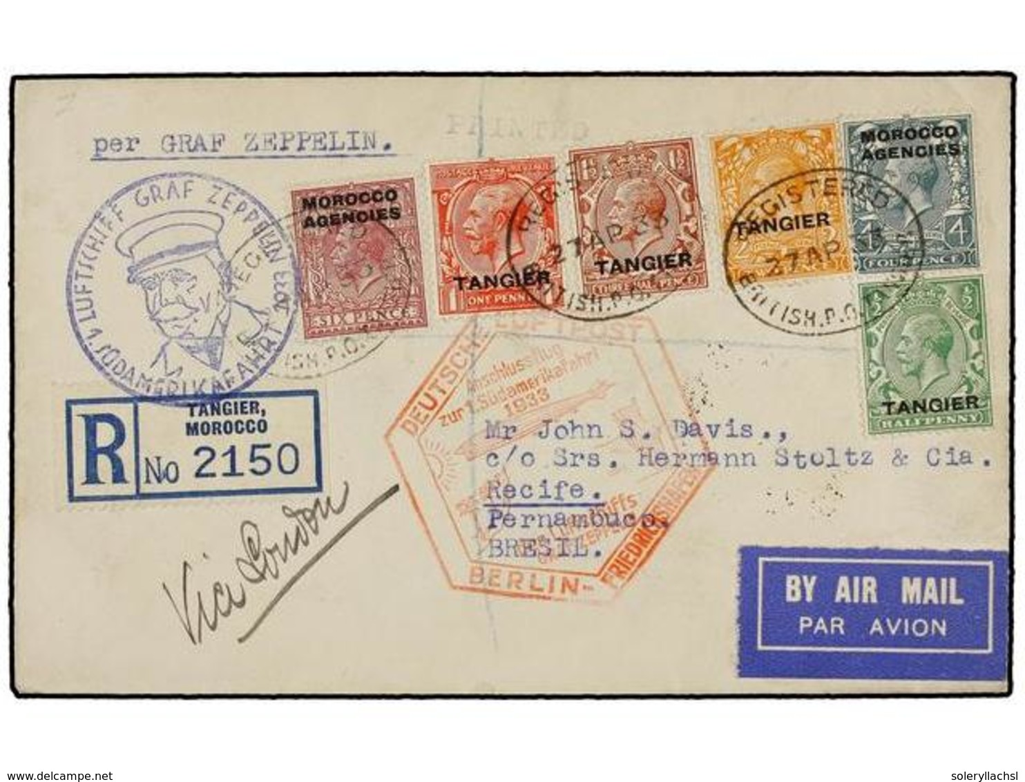 ZEPPELIN. 1933. MOROCCO. TANGIER To PERNAMBUCO (Brazil). Envelope Franked With 1/2, 1, 1 1/2, 2, 4 And 6 D. Stamps Sent  - Autres & Non Classés