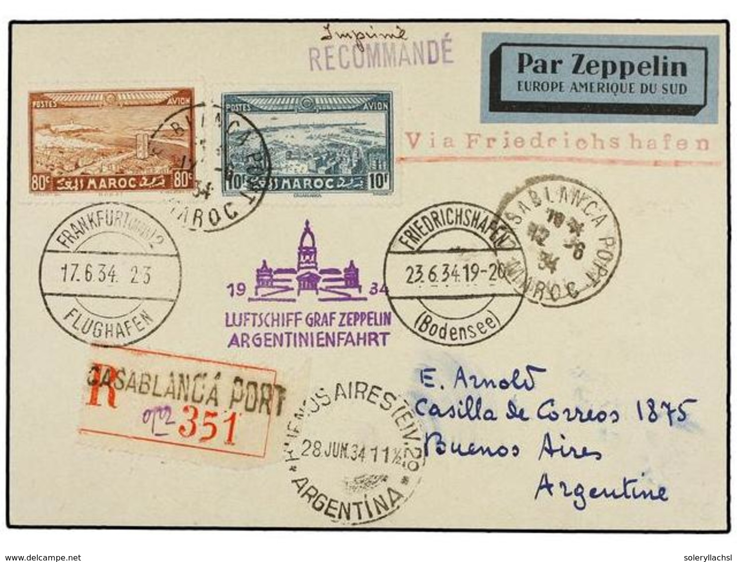 ZEPPELIN. 1933. MOROCCO. CASABLANCA To BUENOS AIRES. Postcard Franked With 80 Cts. And 10 Fr. Sent By GRAF ZEPPELIN Via  - Otros & Sin Clasificación