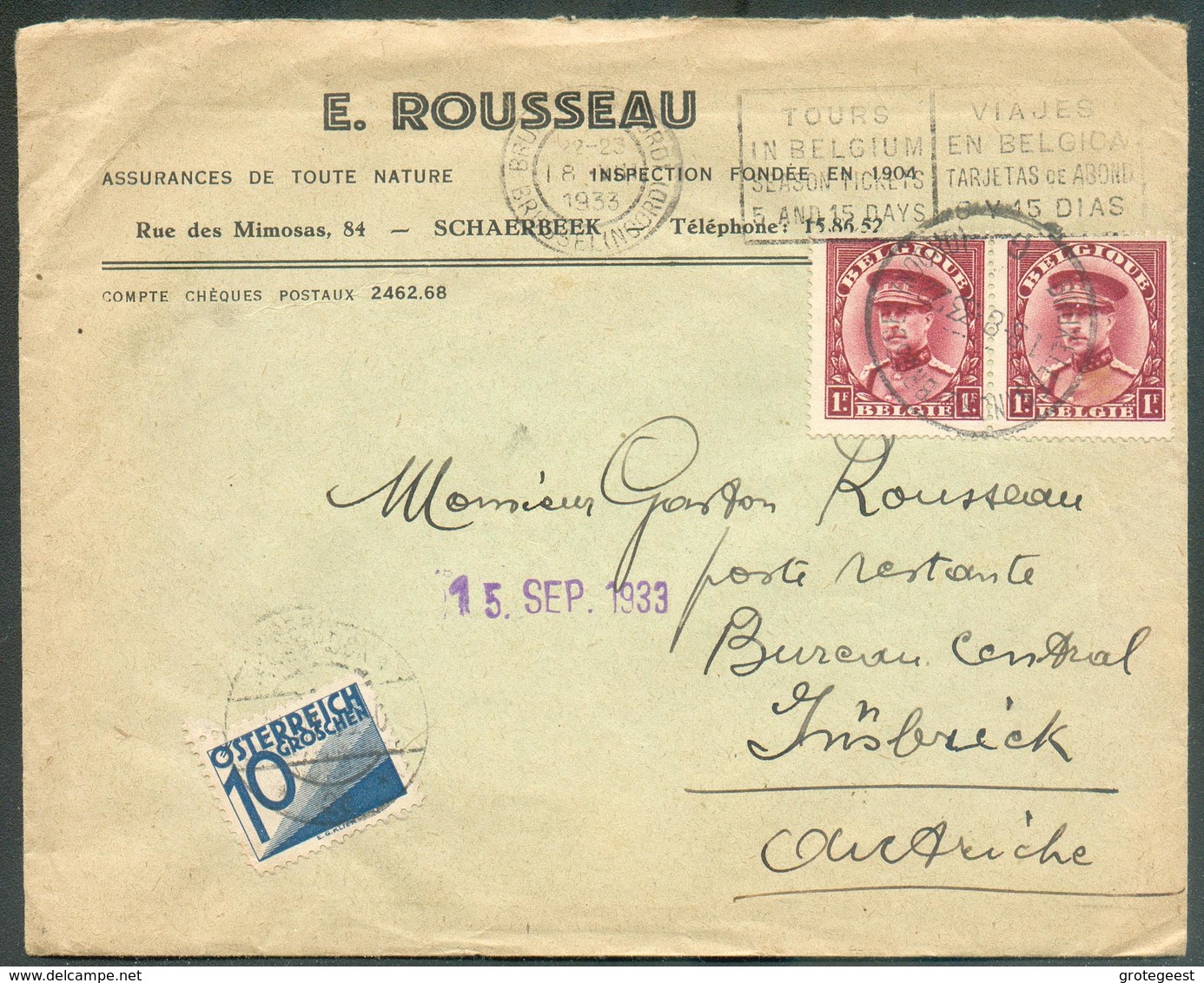 1Fr. KEPI (paire) Obl. Sc BRUXELLES (NORD) Sur Lettre En-tête E. ROUSSEAU (SCHAERBEEK) Du 18-VIII-1933 Vers Innsbrück (A - 1931-1934 Kepi