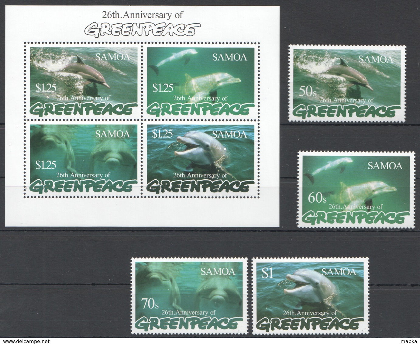 U1011 SAMOA MARINE LIFE 26TH ANNIVERSARY OF GREENPEACE DOLPHINS 1KB+1SET MNH - Dauphins