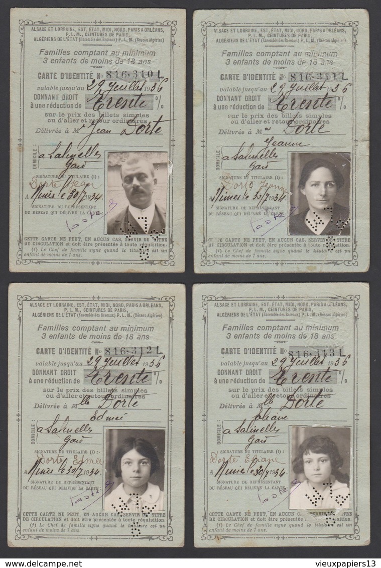 Gard 30 Salinelles - Ensemble De 4 Cartes D'identité PLM Famille Dorte 30% - Chemins De Fer - 1934 - Autres & Non Classés