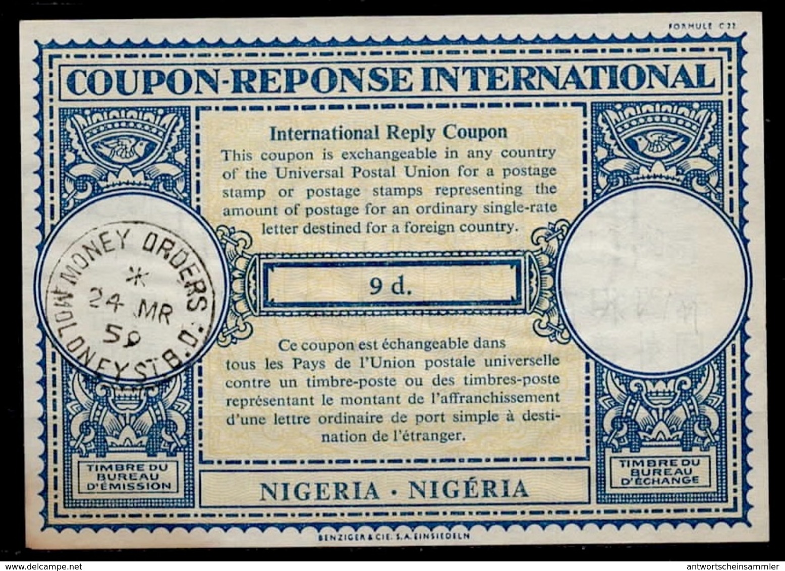 NIGERIA Lo16n  9d.  International Reply Coupon Reponse Antwortschein IAS IRC O MOLONY ST. 24.3.59 - Nigeria (1961-...)