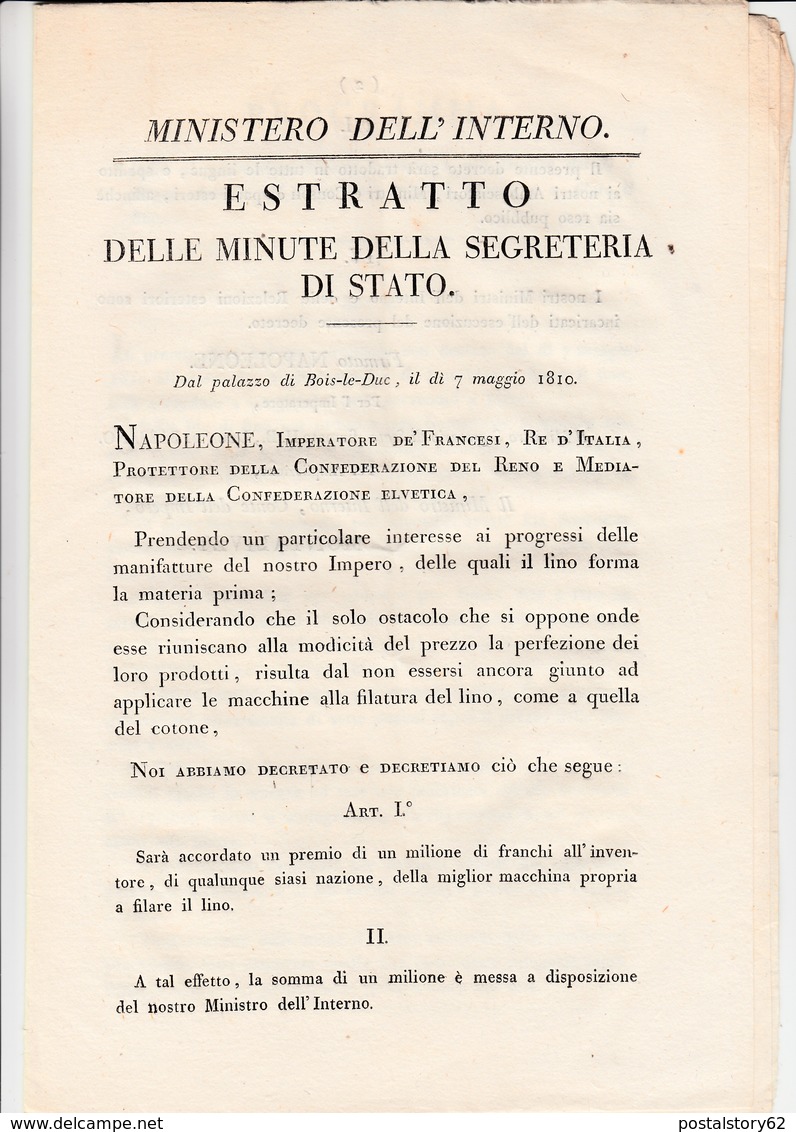 Impero Francese, Premio Di Un Milione Di Franchi All'inventore Della Miglior Macchina Per Filare Il Lino. 07 Maggio 1807 - Decrees & Laws