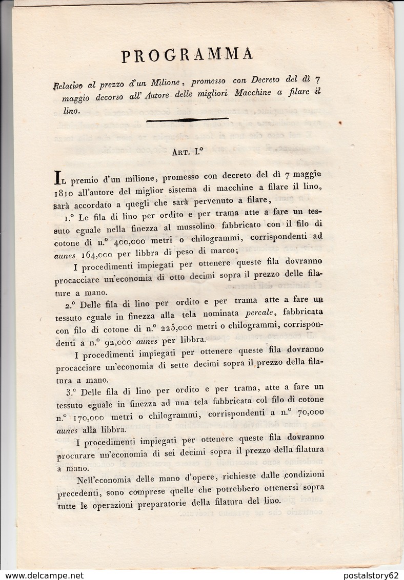 Impero Francese, Premio Di Un Milione Di Franchi All'inventore Della Miglior Macchina Per Filare Il Lino. 07 Maggio 1807 - Decrees & Laws