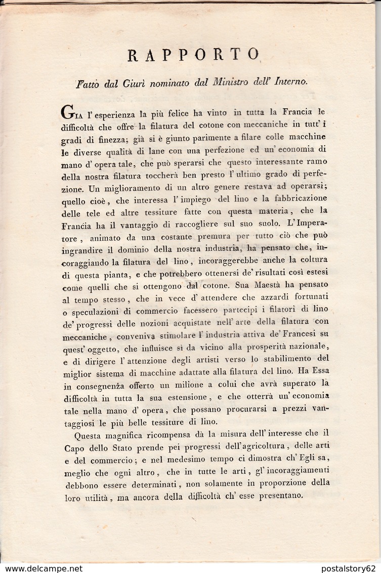 Impero Francese, Premio di un milione di Franchi all'inventore della miglior macchina per Filare il Lino. 07 Maggio 1807