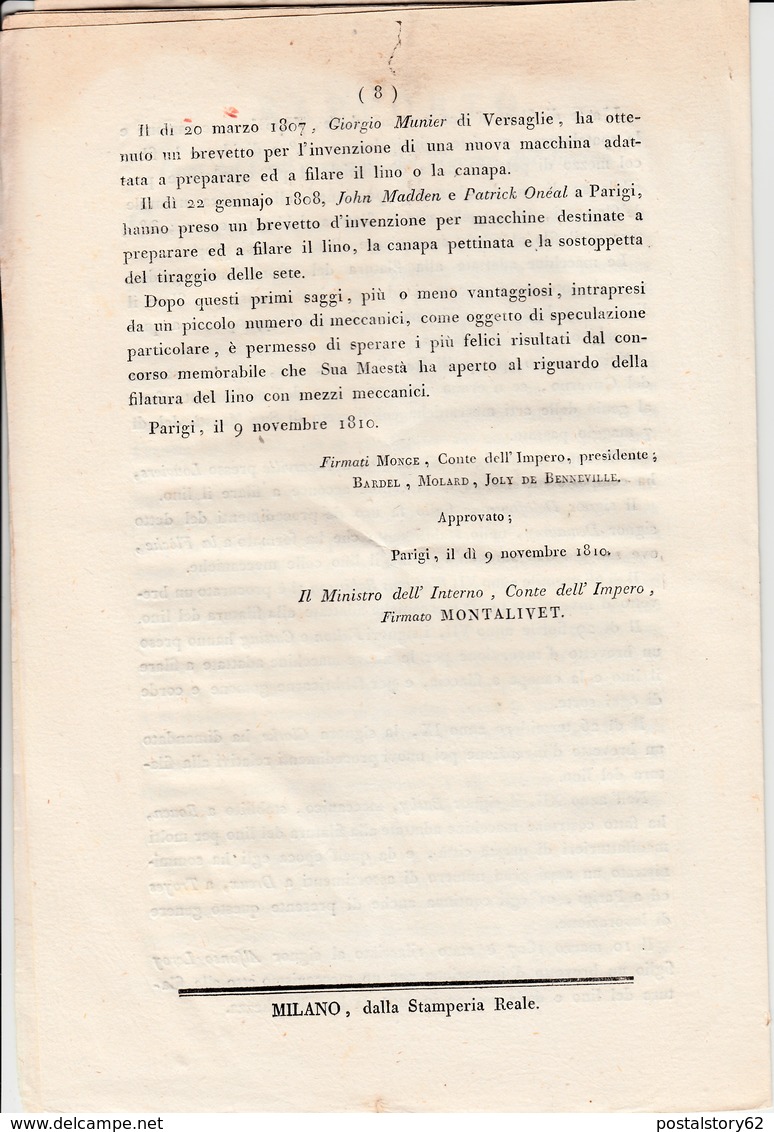 Impero Francese, Premio di un milione di Franchi all'inventore della miglior macchina per Filare il Lino. 07 Maggio 1807